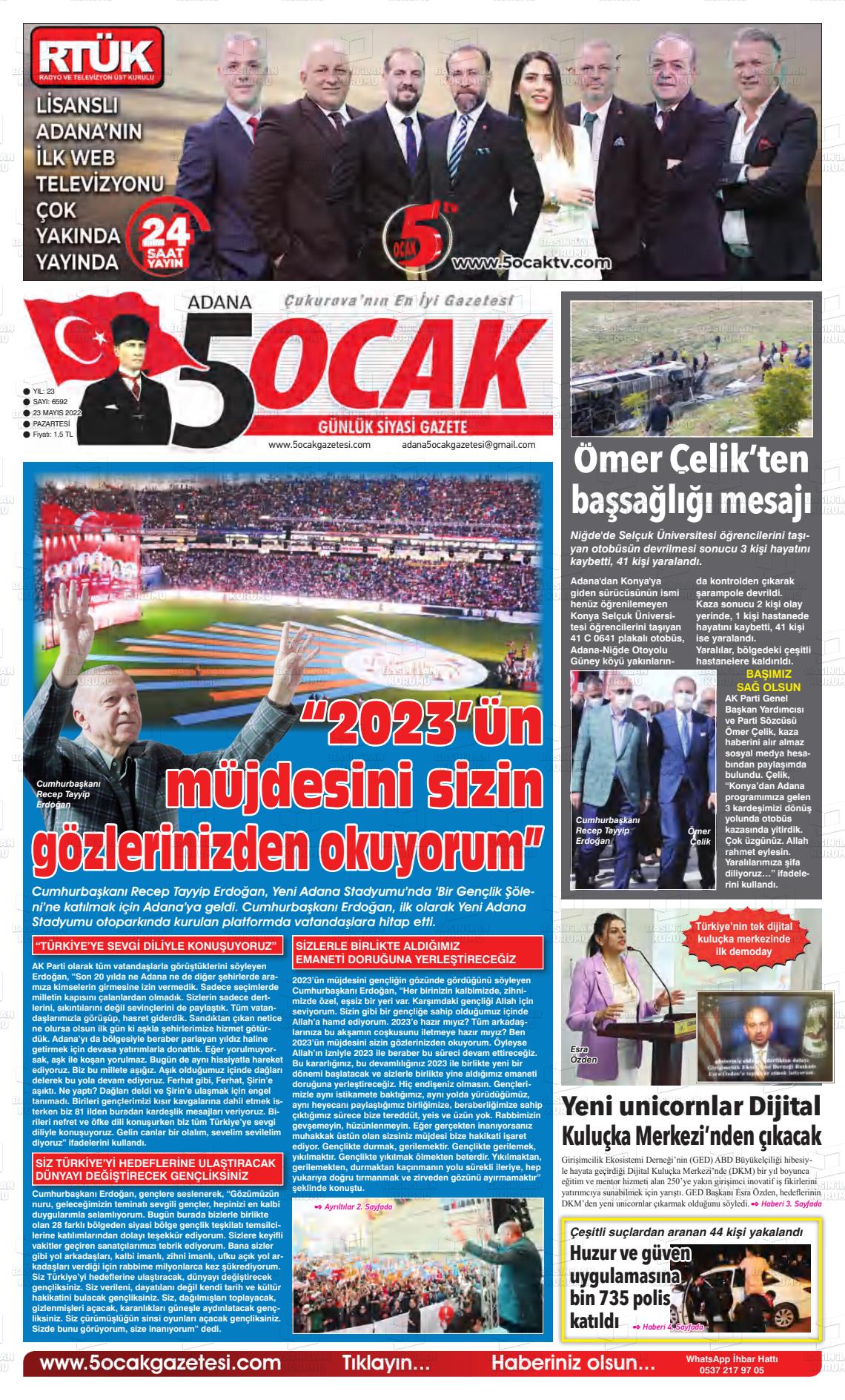 23 Mayıs 2022 Adana 5 Ocak Gazete Manşeti