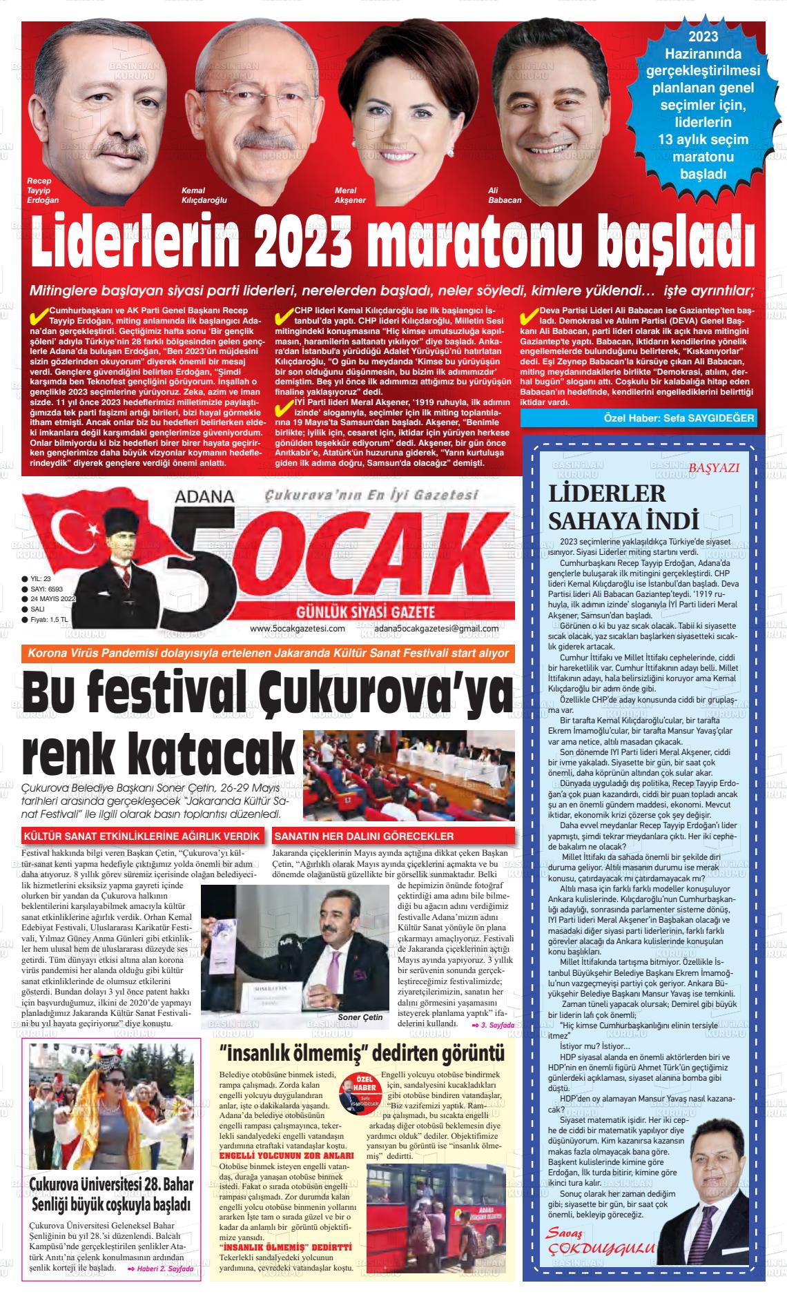 24 Mayıs 2022 Adana 5 Ocak Gazete Manşeti
