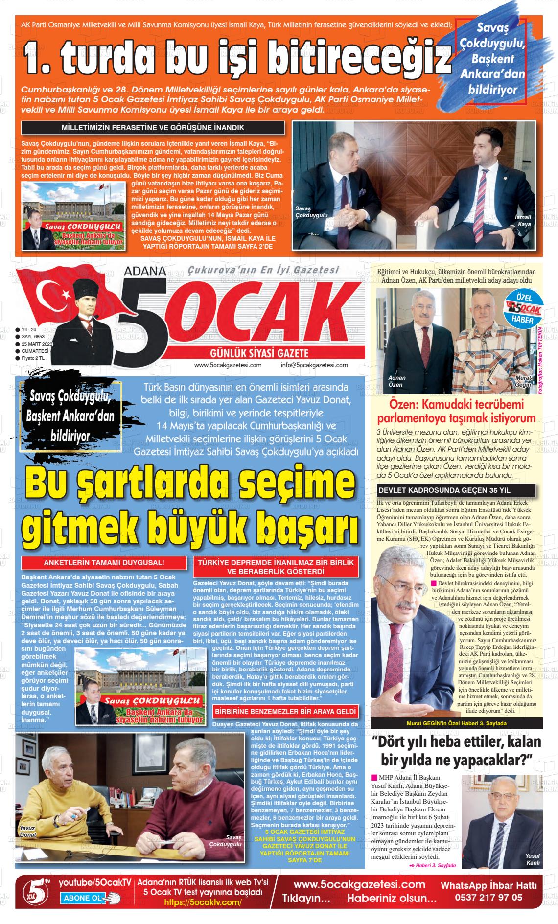 25 Mart 2023 Adana 5 Ocak Gazete Manşeti