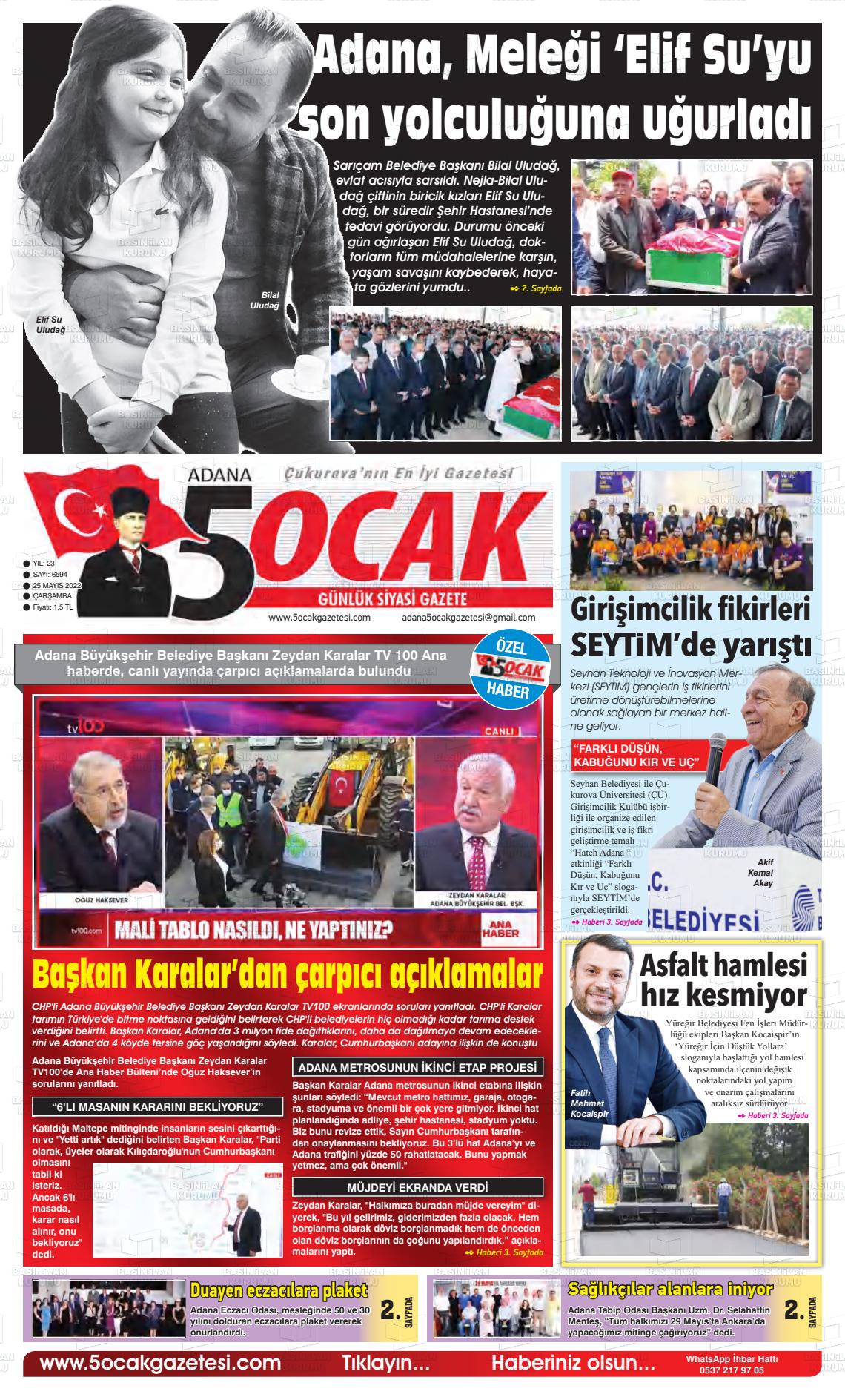 25 Mayıs 2022 Adana 5 Ocak Gazete Manşeti