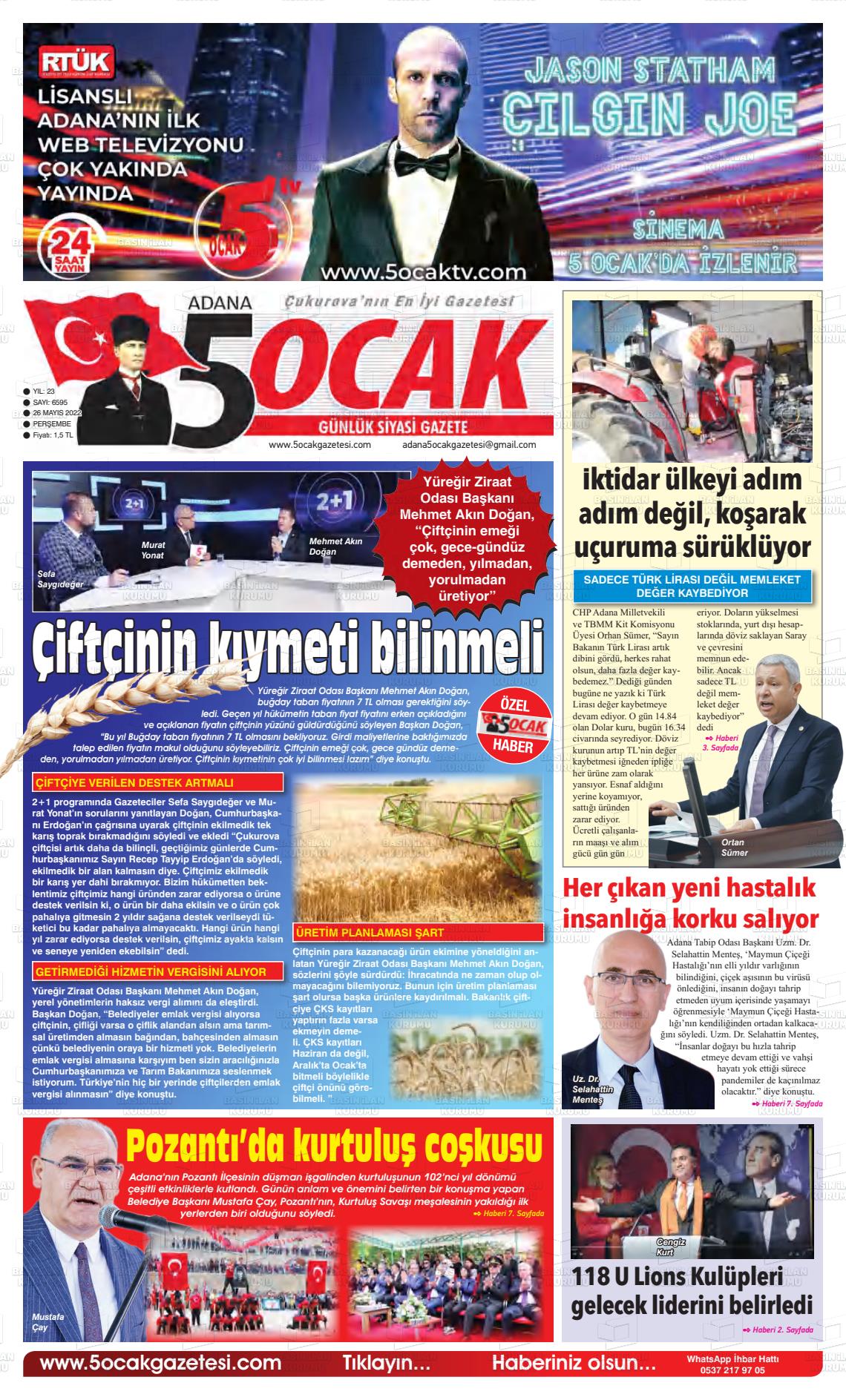26 Mayıs 2022 Adana 5 Ocak Gazete Manşeti
