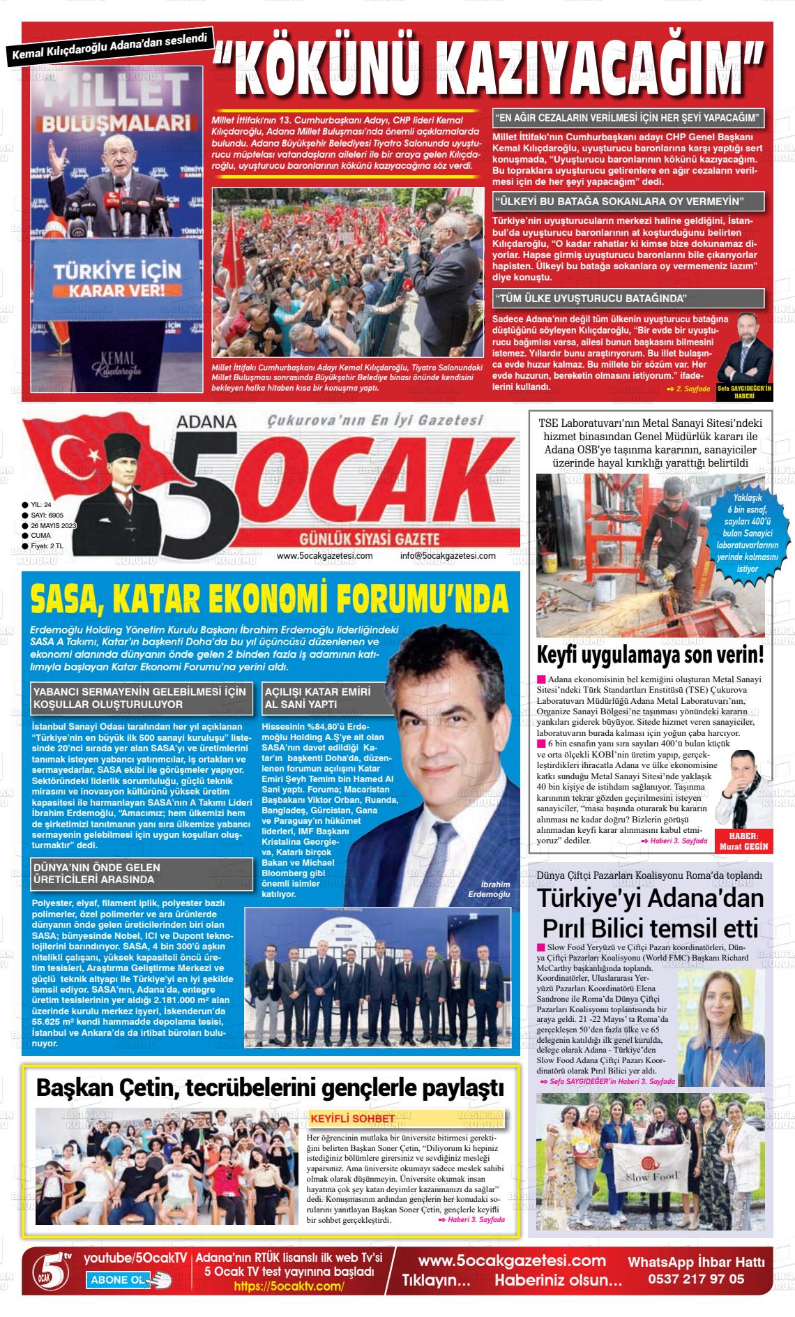 26 Mayıs 2023 Adana 5 Ocak Gazete Manşeti