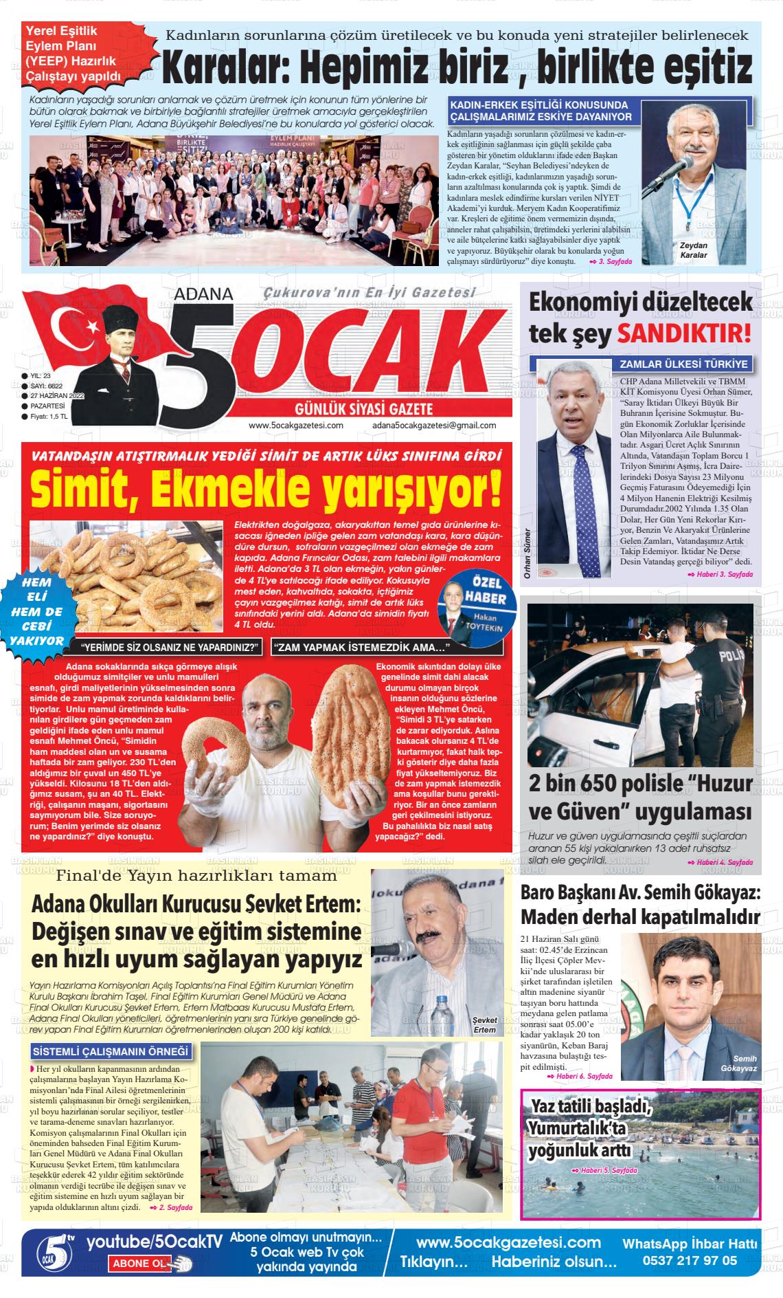 27 Haziran 2022 Adana 5 Ocak Gazete Manşeti