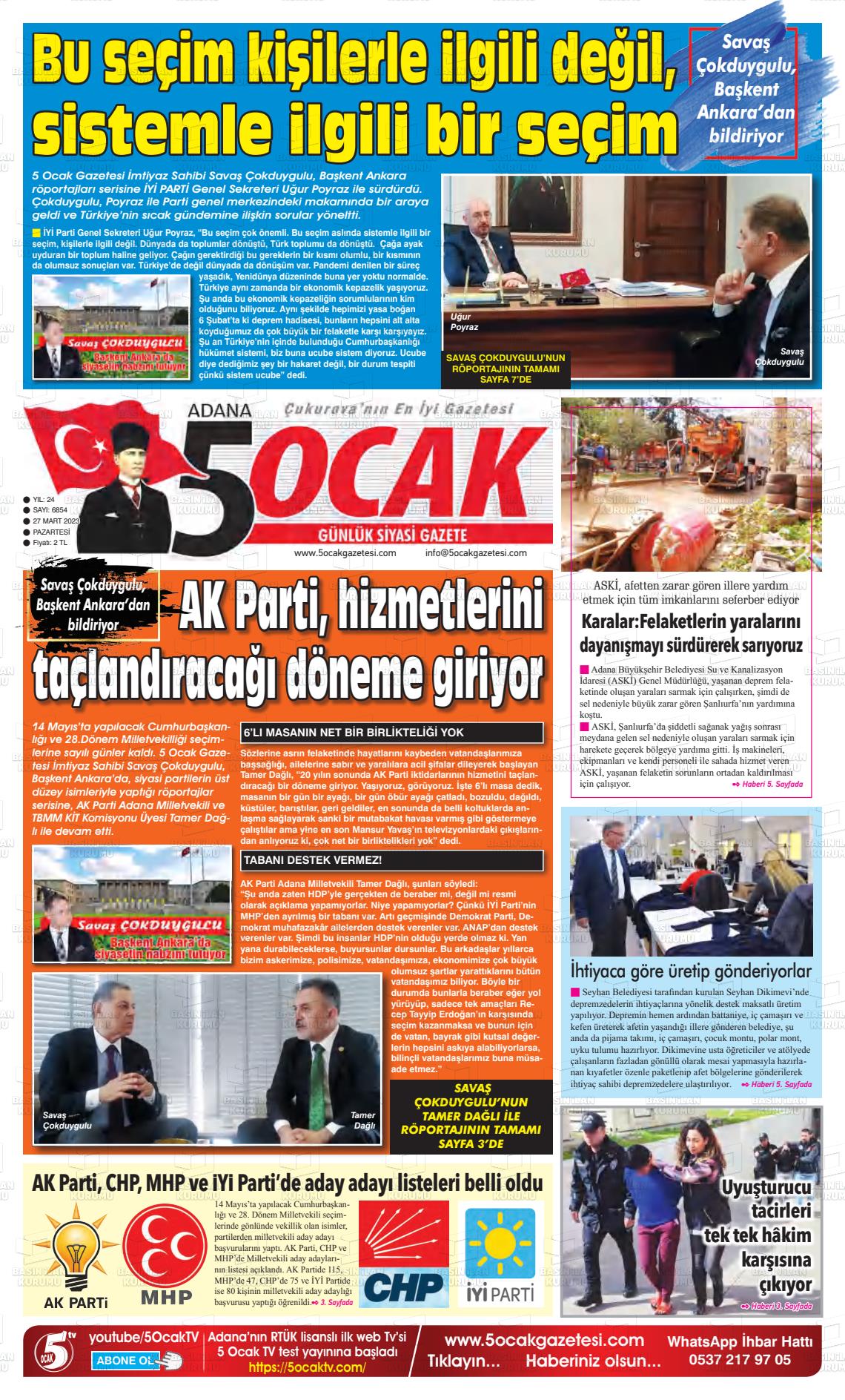 27 Mart 2023 Adana 5 Ocak Gazete Manşeti