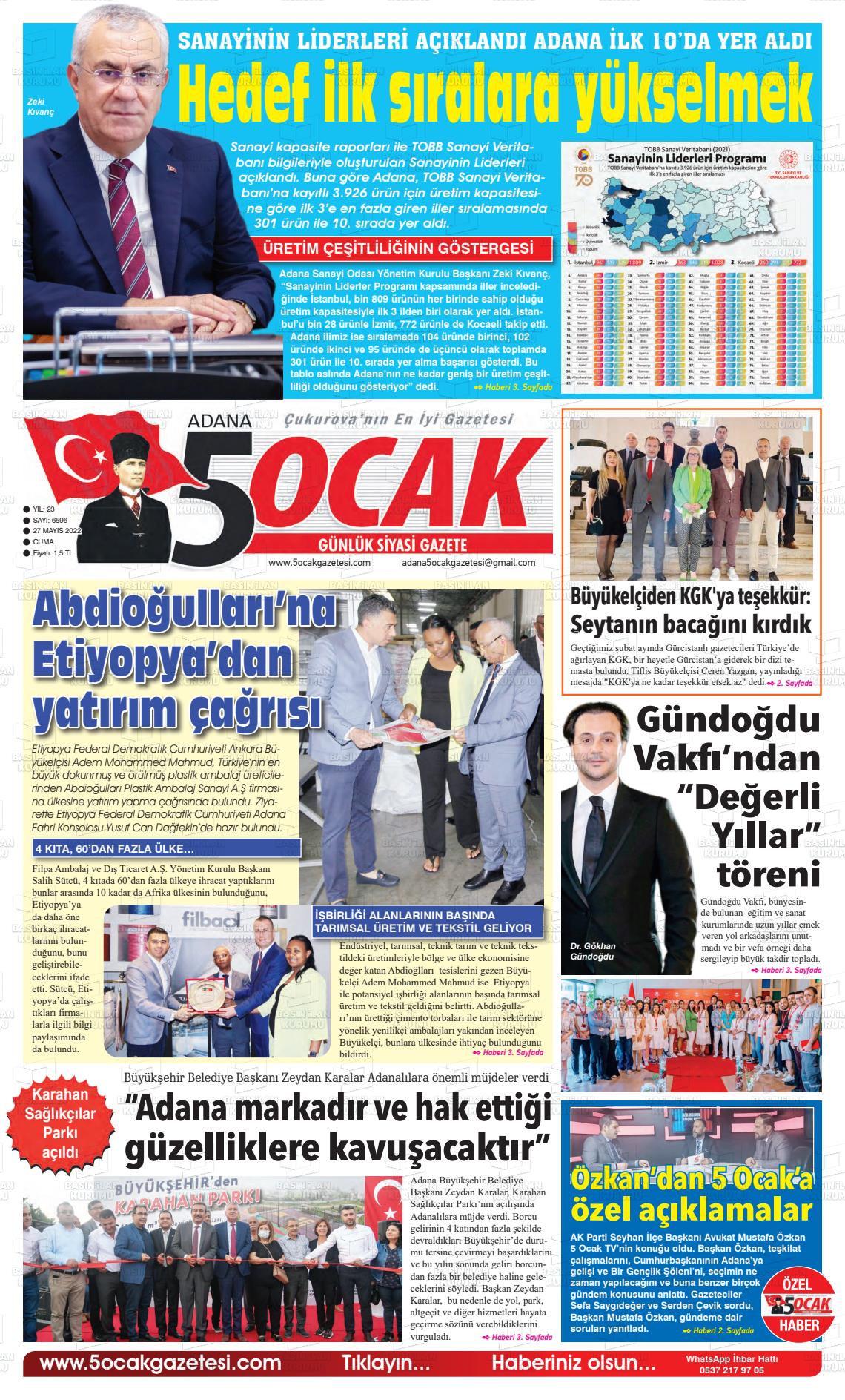 27 Mayıs 2022 Adana 5 Ocak Gazete Manşeti