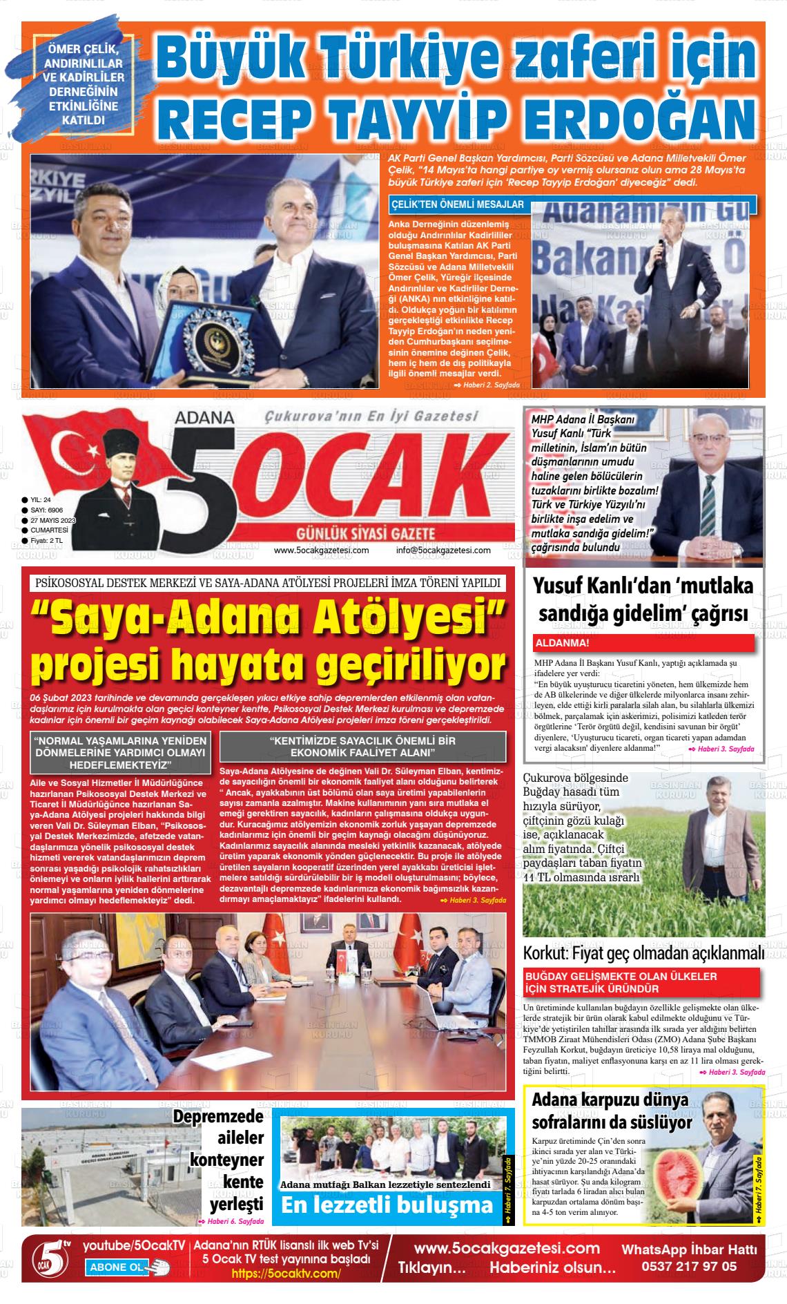 27 Mayıs 2023 Adana 5 Ocak Gazete Manşeti
