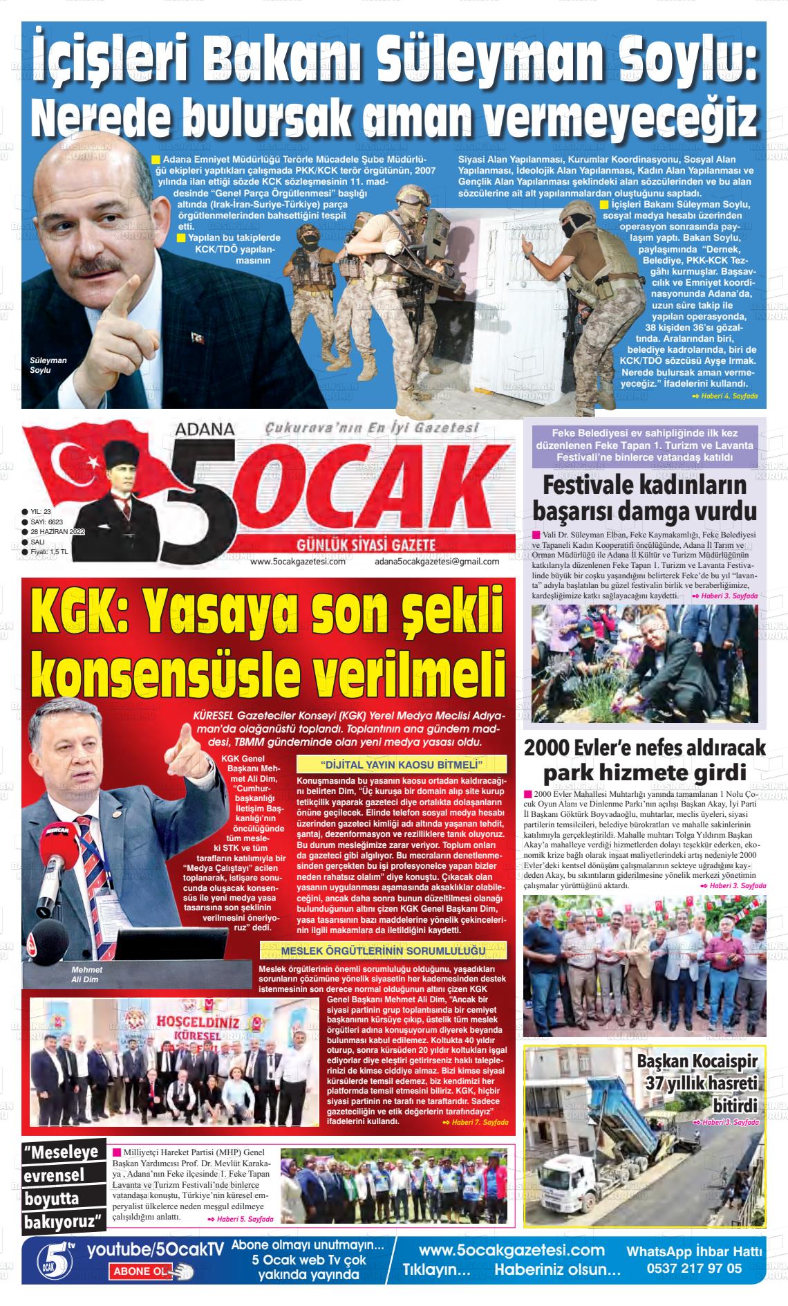 28 Haziran 2022 Adana 5 Ocak Gazete Manşeti