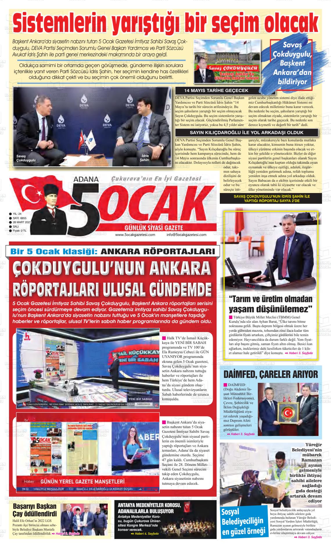 28 Mart 2023 Adana 5 Ocak Gazete Manşeti