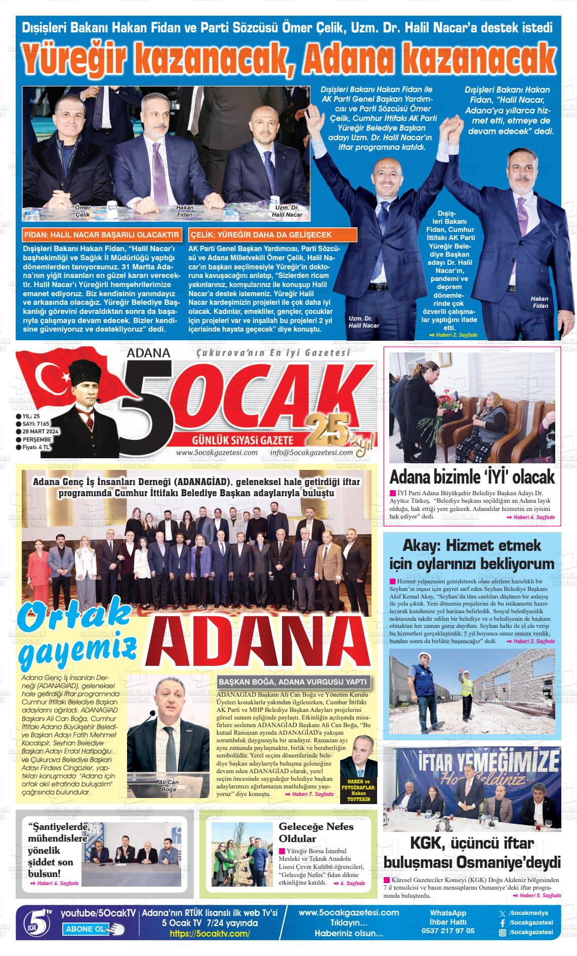 28 Mart 2024 Adana 5 Ocak Gazete Manşeti
