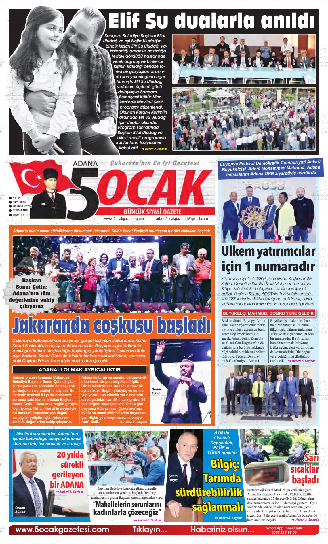 28 Mayıs 2022 Adana 5 Ocak Gazete Manşeti