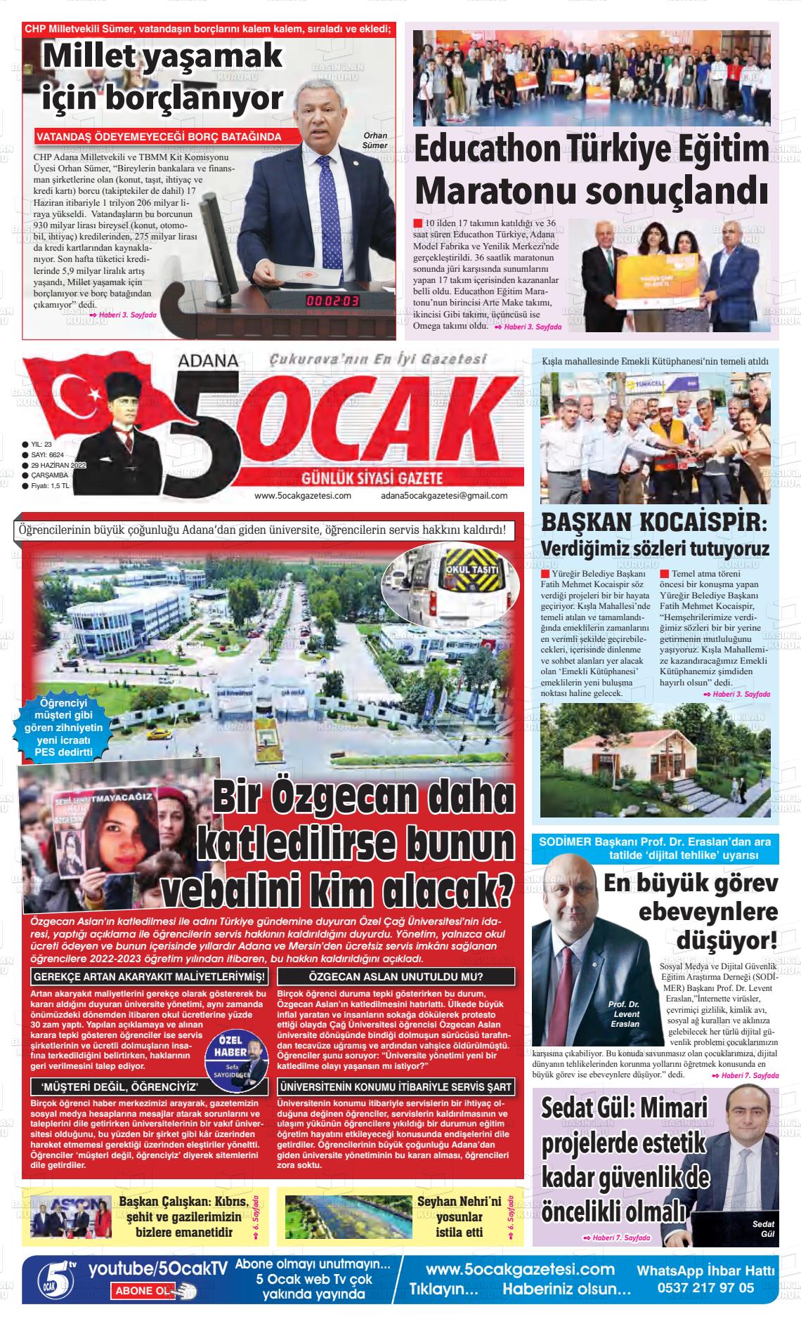 29 Haziran 2022 Adana 5 Ocak Gazete Manşeti