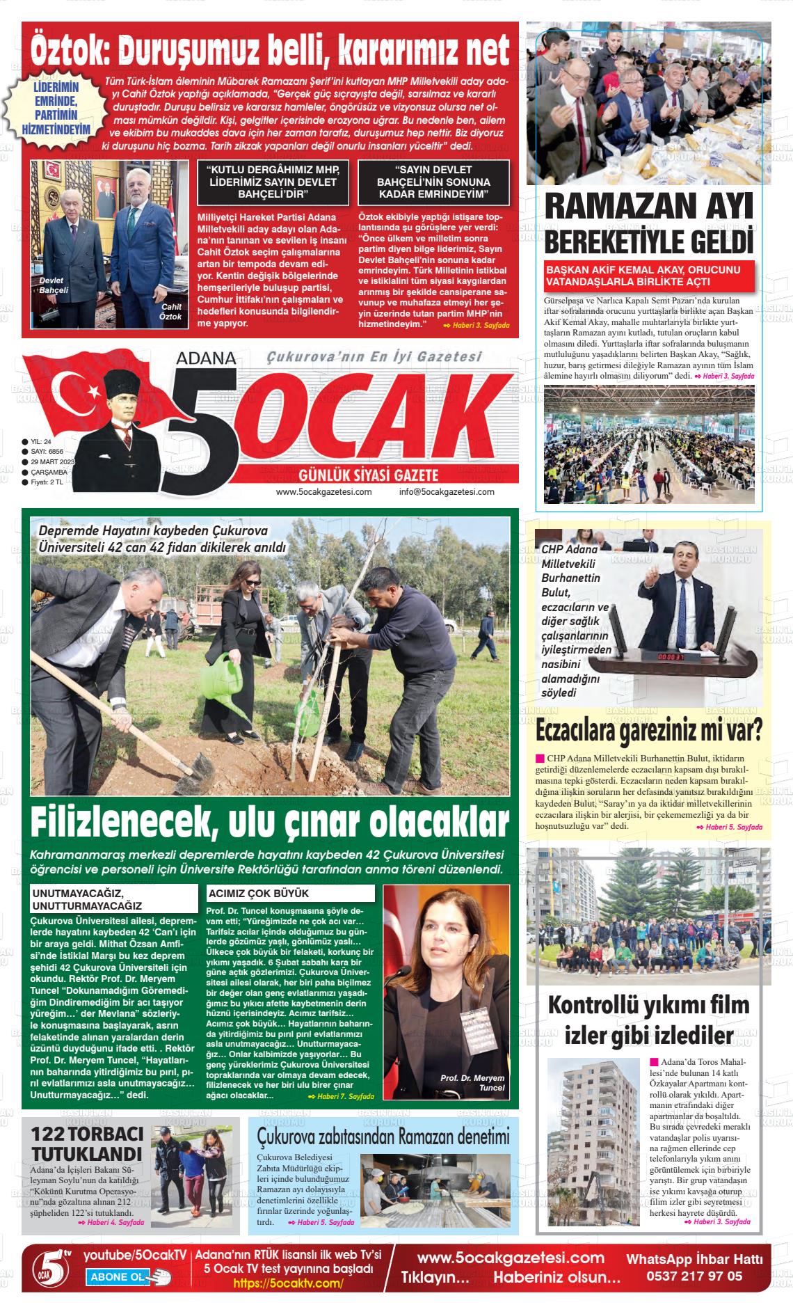 29 Mart 2023 Adana 5 Ocak Gazete Manşeti