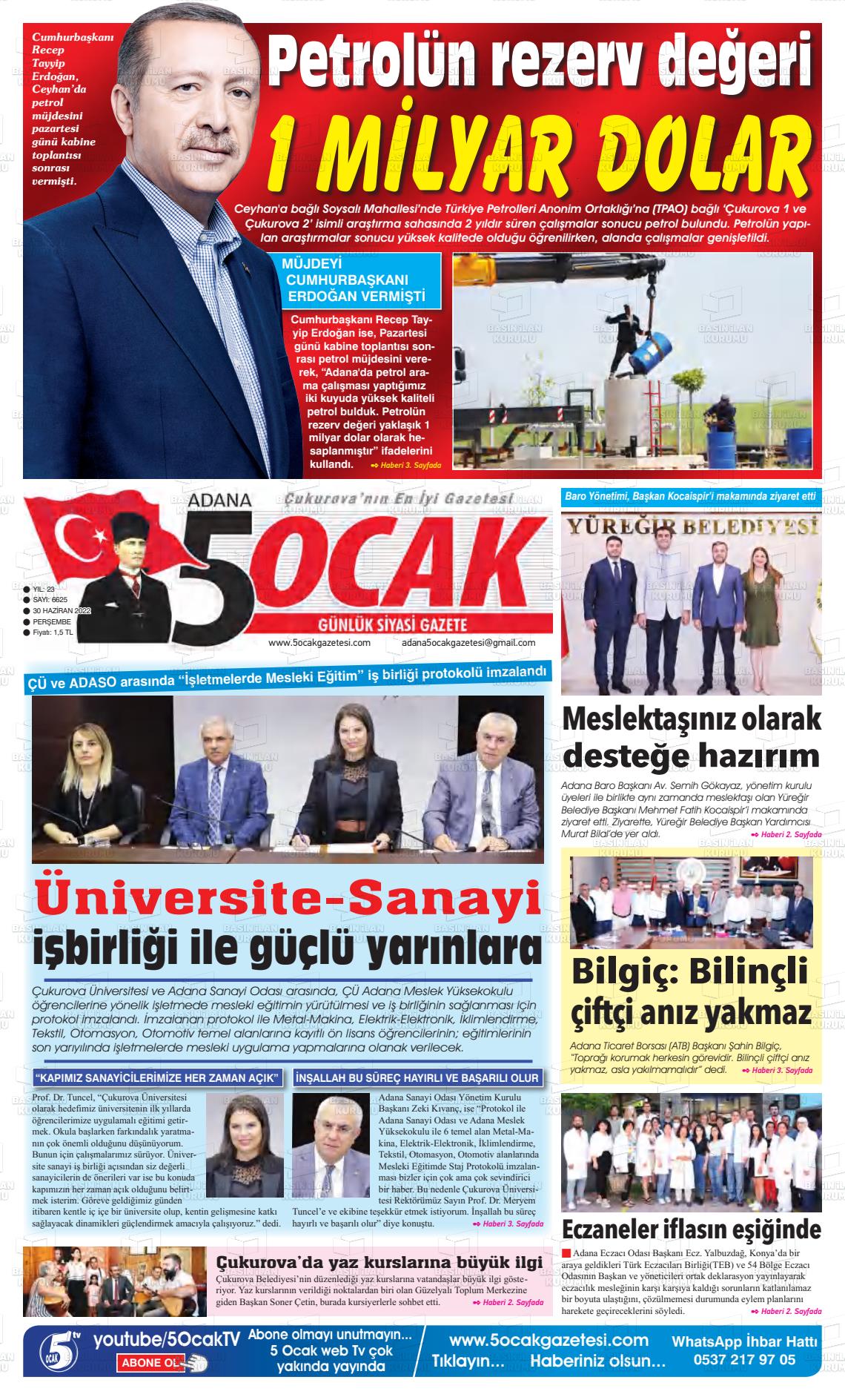 01 Temmuz 2022 Adana 5 Ocak Gazete Manşeti
