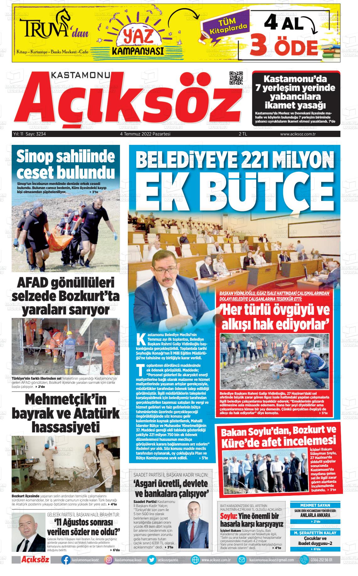 04 Temmuz 2022 KASTAMONU AÇIKSÖZ GAZETESİ Gazete Manşeti