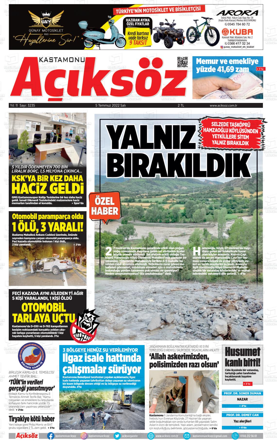 05 Temmuz 2022 KASTAMONU AÇIKSÖZ GAZETESİ Gazete Manşeti