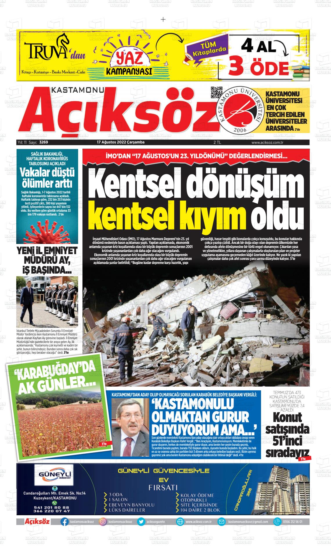 17 Ağustos 2022 KASTAMONU AÇIKSÖZ GAZETESİ Gazete Manşeti