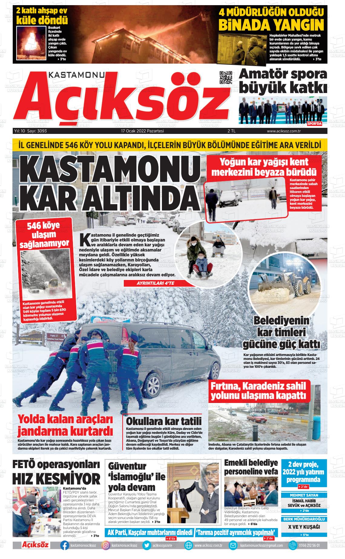 17 Ocak 2022 KASTAMONU AÇIKSÖZ GAZETESİ Gazete Manşeti