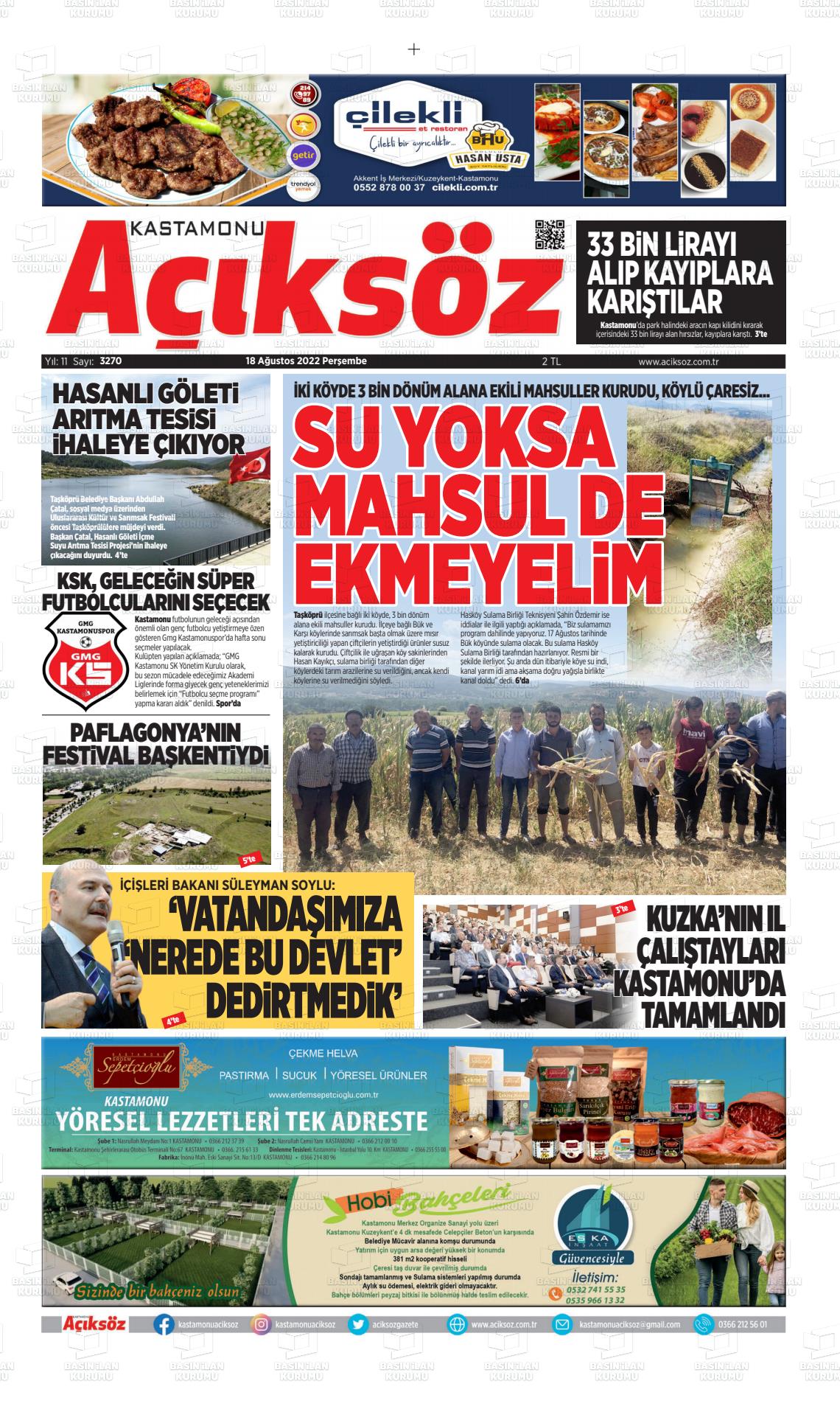 KASTAMONU AÇIKSÖZ GAZETESİ Gazete Manşeti