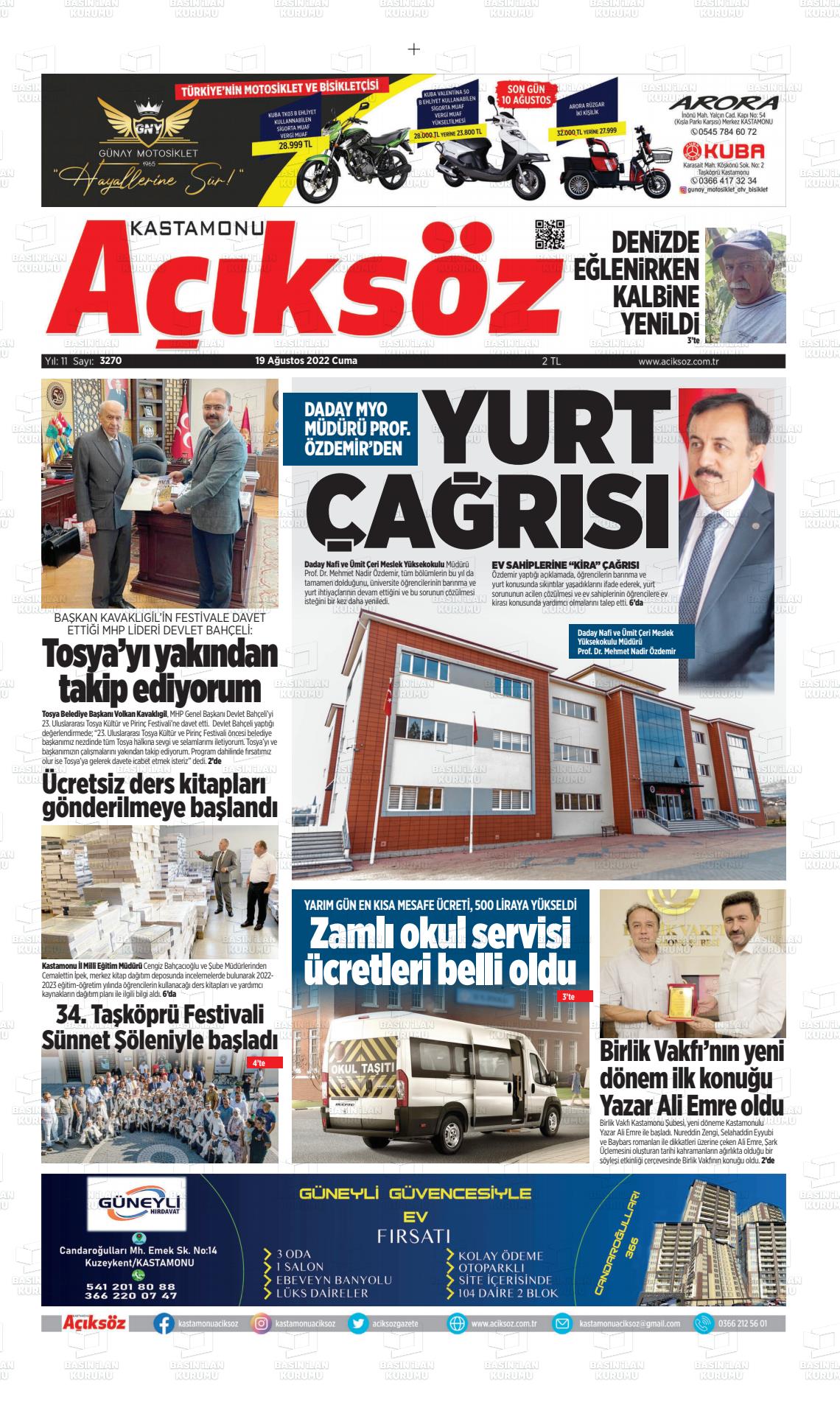 19 Ağustos 2022 KASTAMONU AÇIKSÖZ GAZETESİ Gazete Manşeti