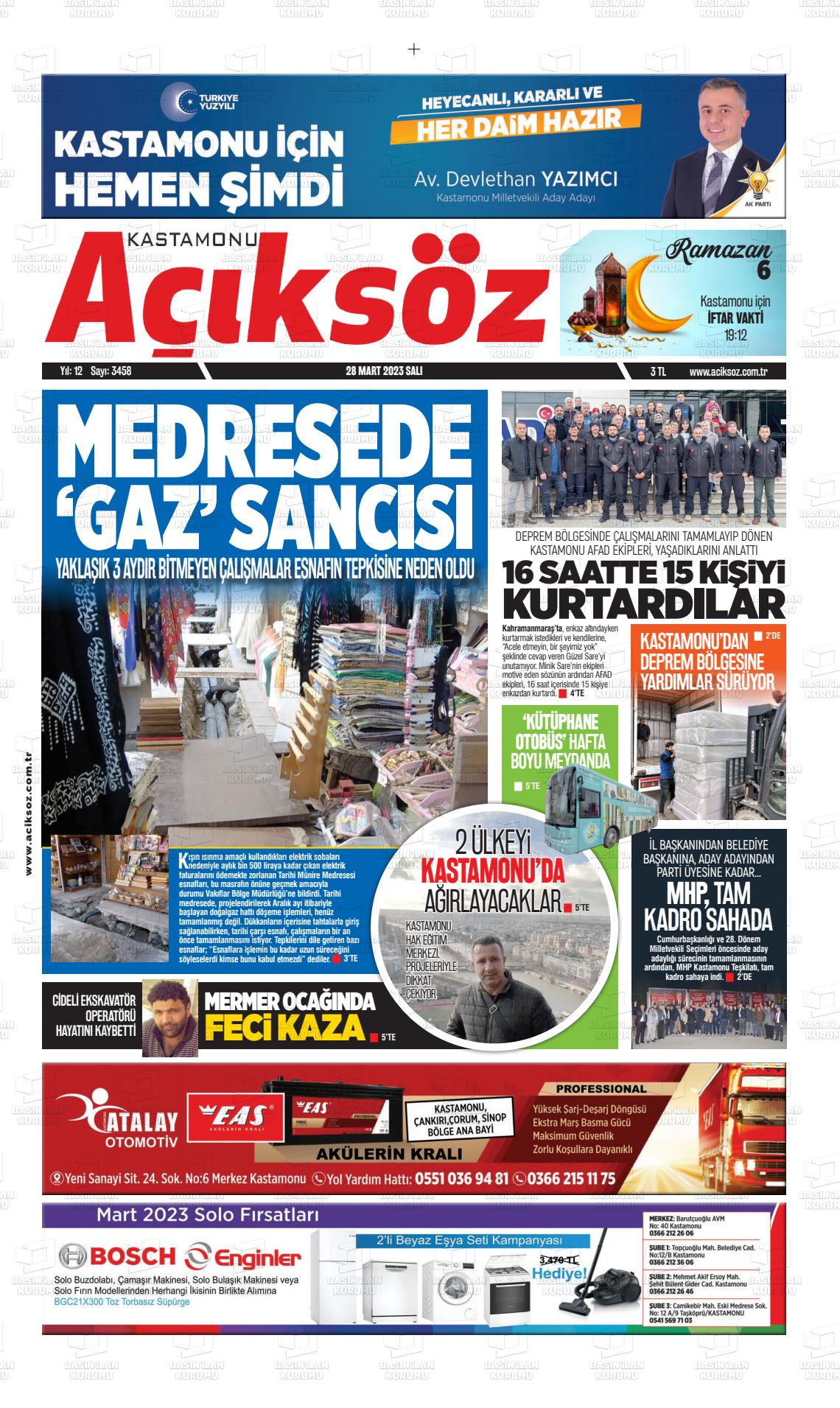 28 Mart 2023 KASTAMONU AÇIKSÖZ GAZETESİ Gazete Manşeti