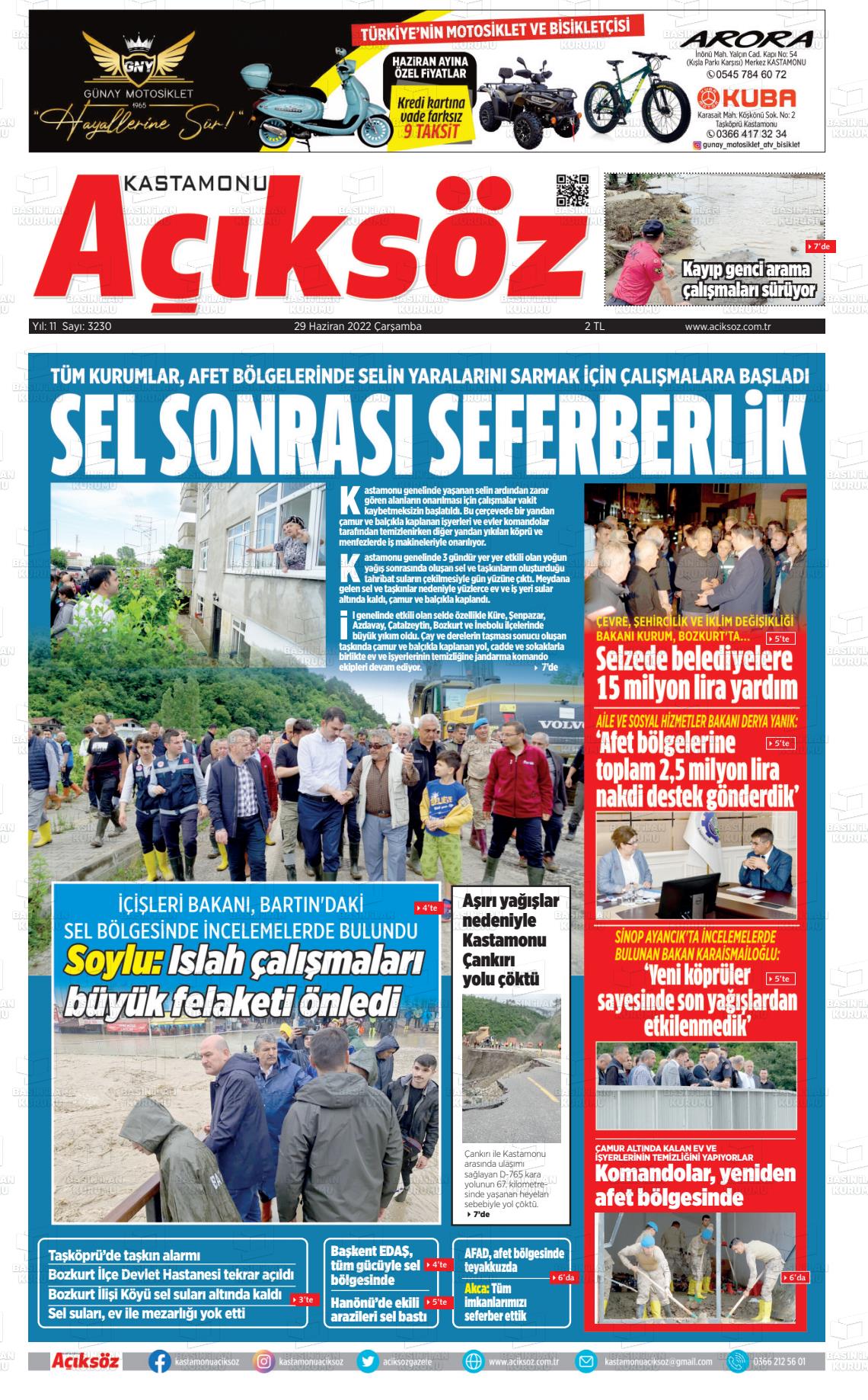 29 Haziran 2022 KASTAMONU AÇIKSÖZ GAZETESİ Gazete Manşeti