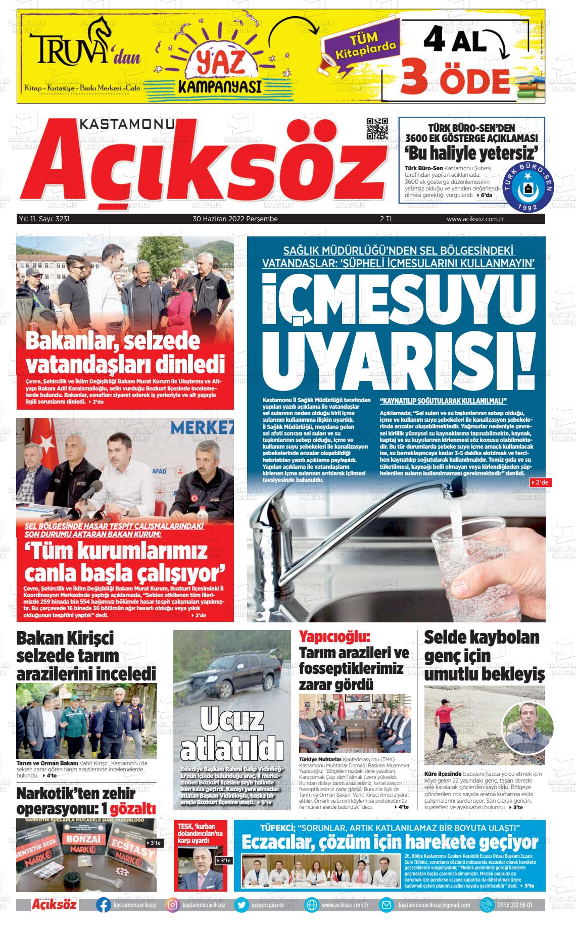 01 Temmuz 2022 KASTAMONU AÇIKSÖZ GAZETESİ Gazete Manşeti