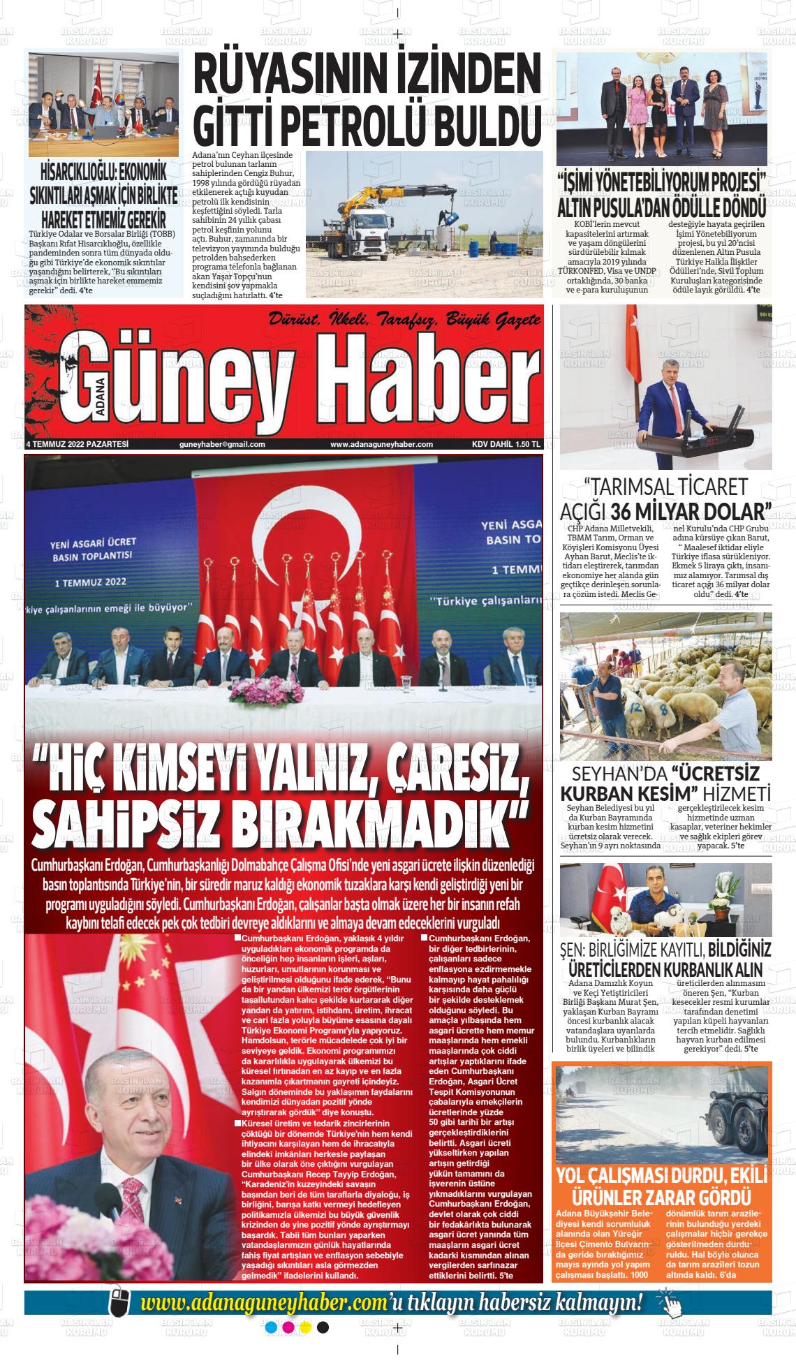 04 Temmuz 2022 Adana Güney Haber Gazete Manşeti