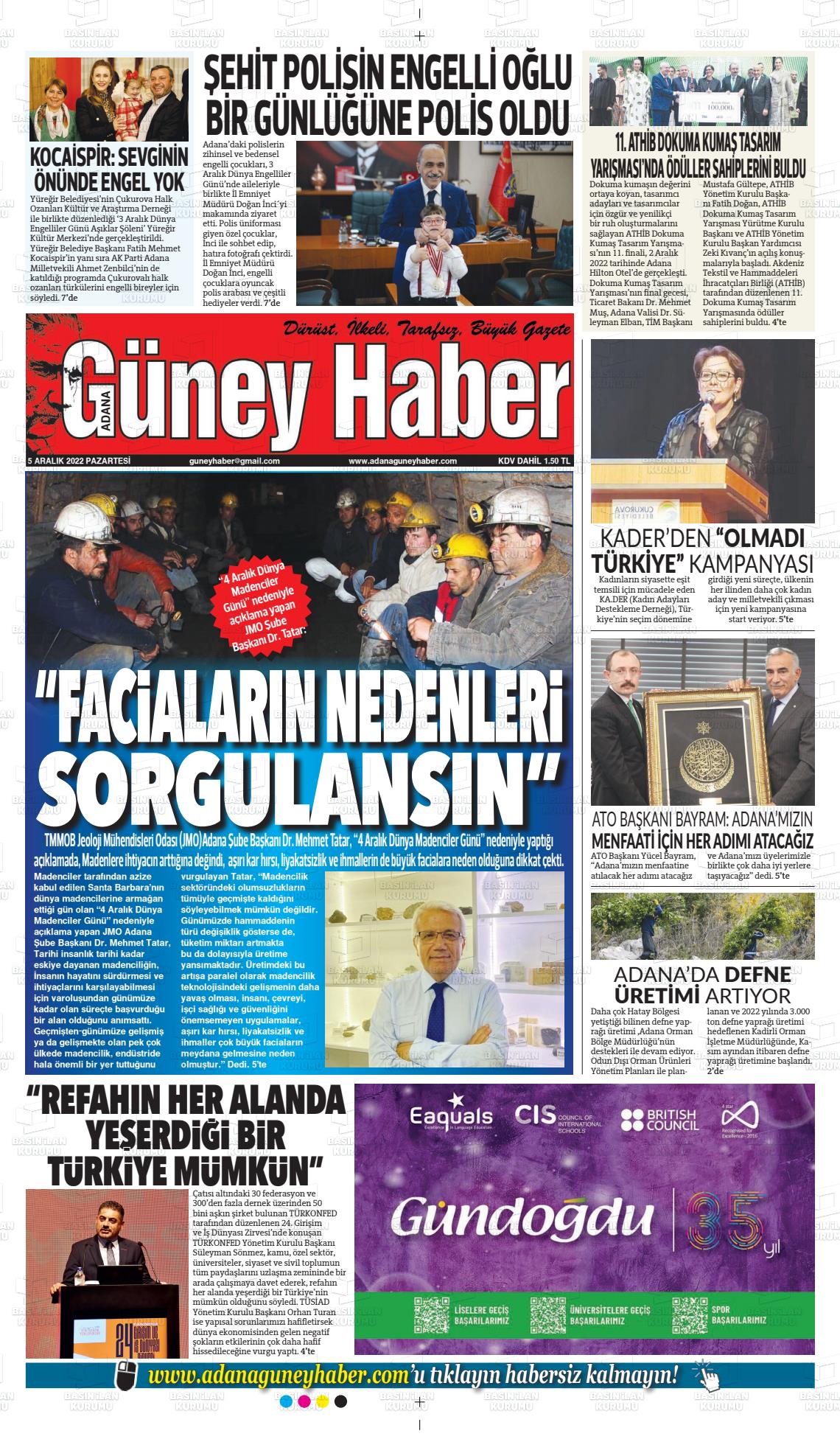 05 Aralık 2022 Adana Güney Haber Gazete Manşeti