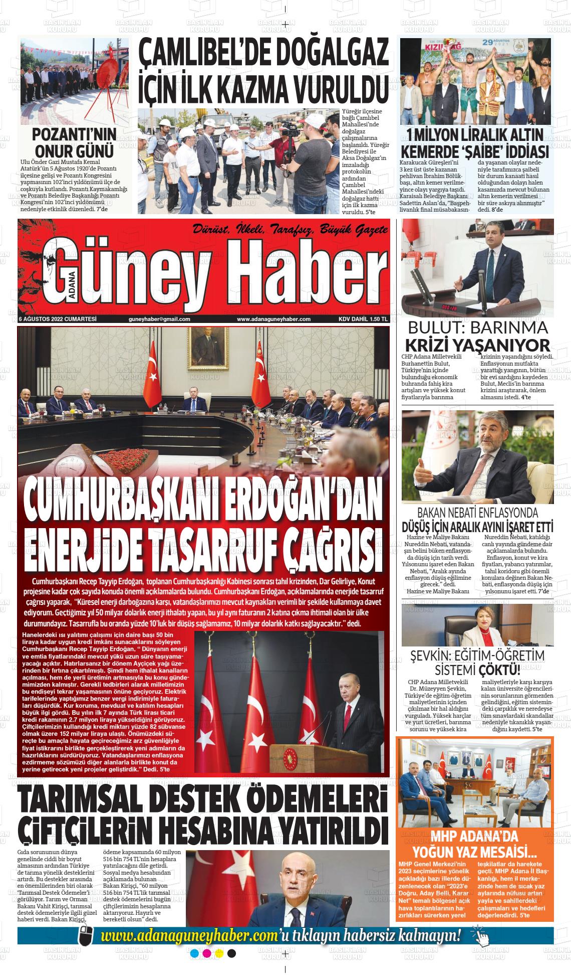 06 Ağustos 2022 Adana Güney Haber Gazete Manşeti