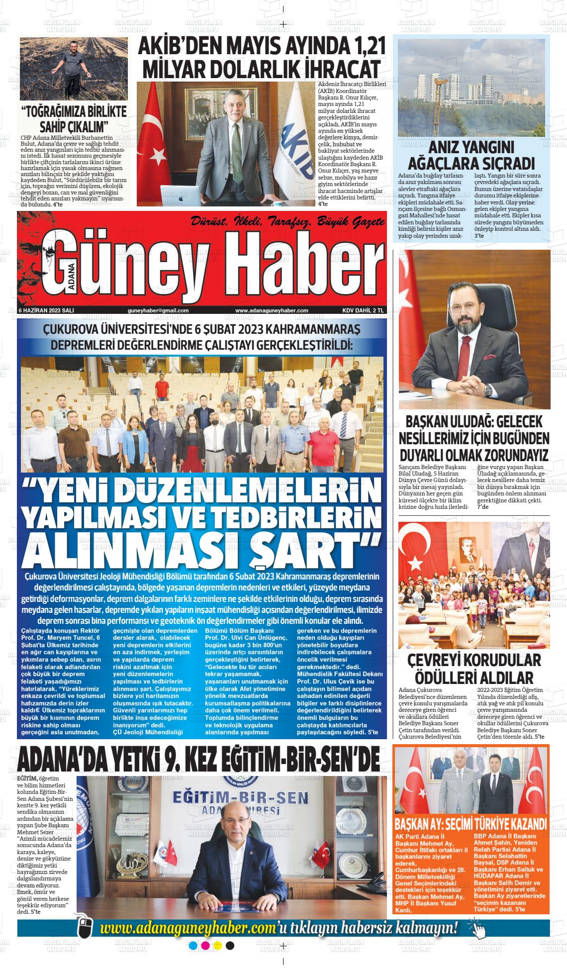 06 Haziran 2023 Adana Güney Haber Gazete Manşeti