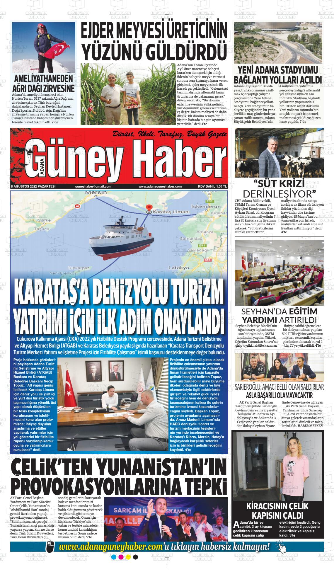 08 Ağustos 2022 Adana Güney Haber Gazete Manşeti