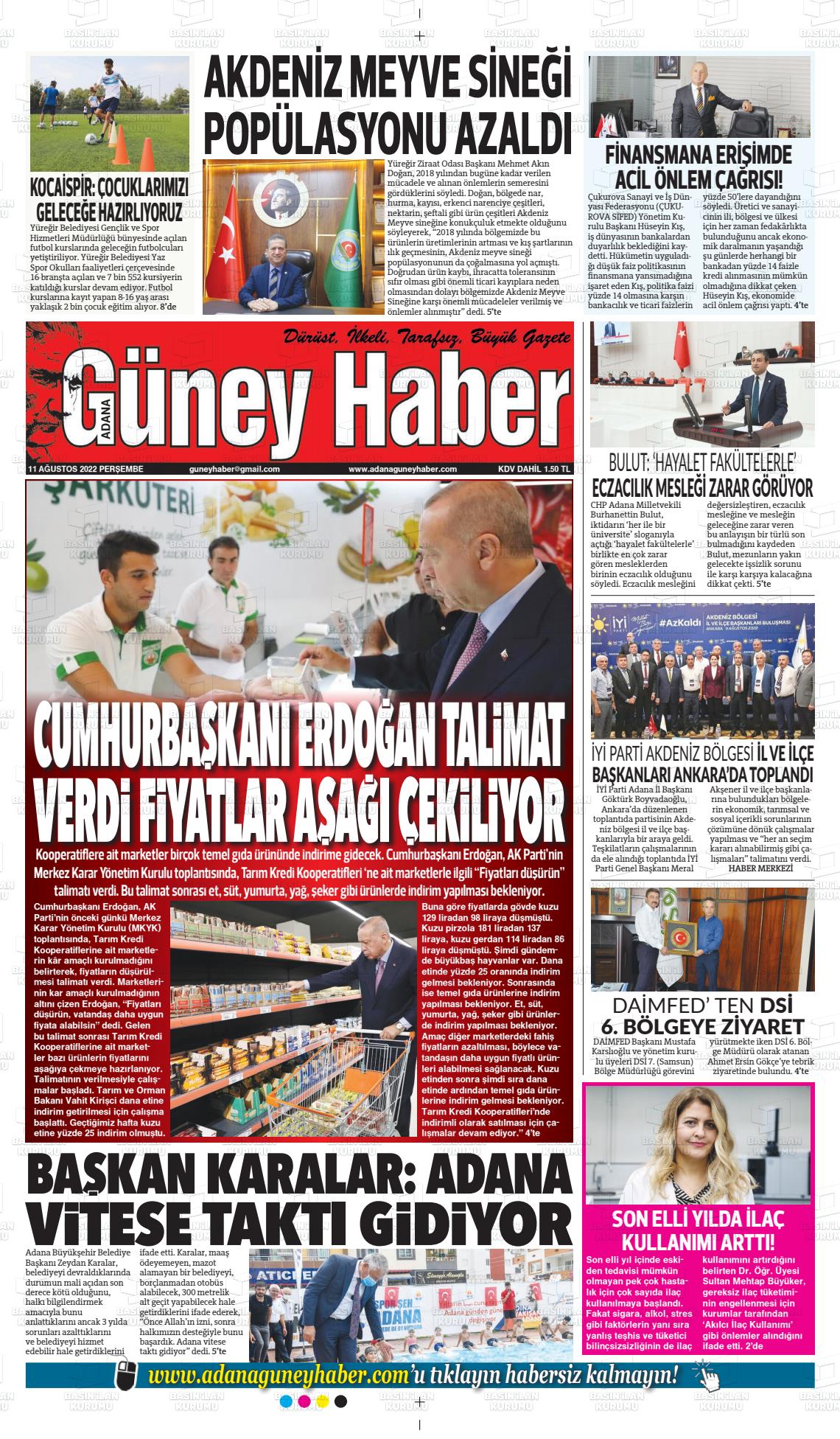 11 Ağustos 2022 Adana Güney Haber Gazete Manşeti