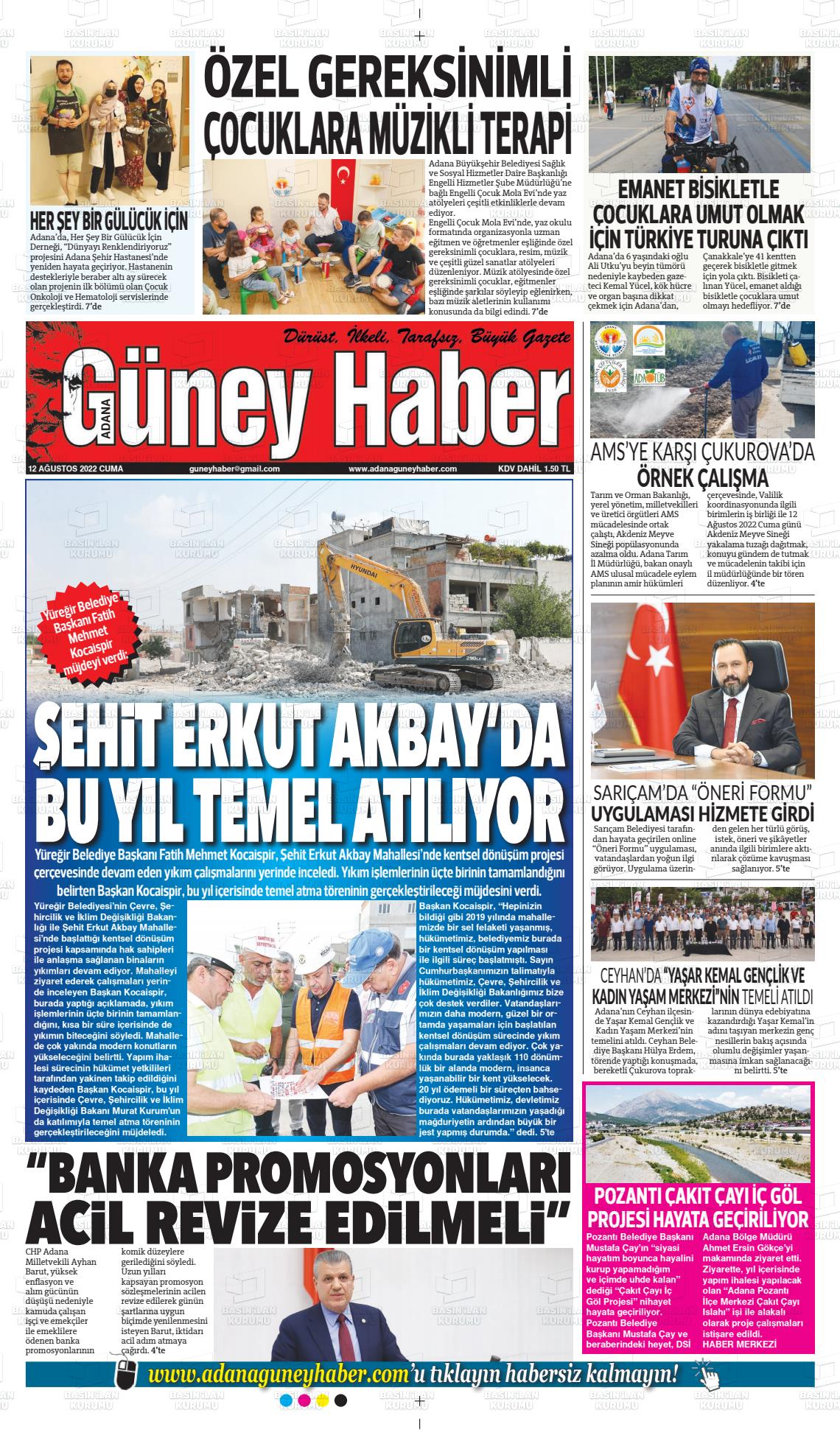 12 Ağustos 2022 Adana Güney Haber Gazete Manşeti