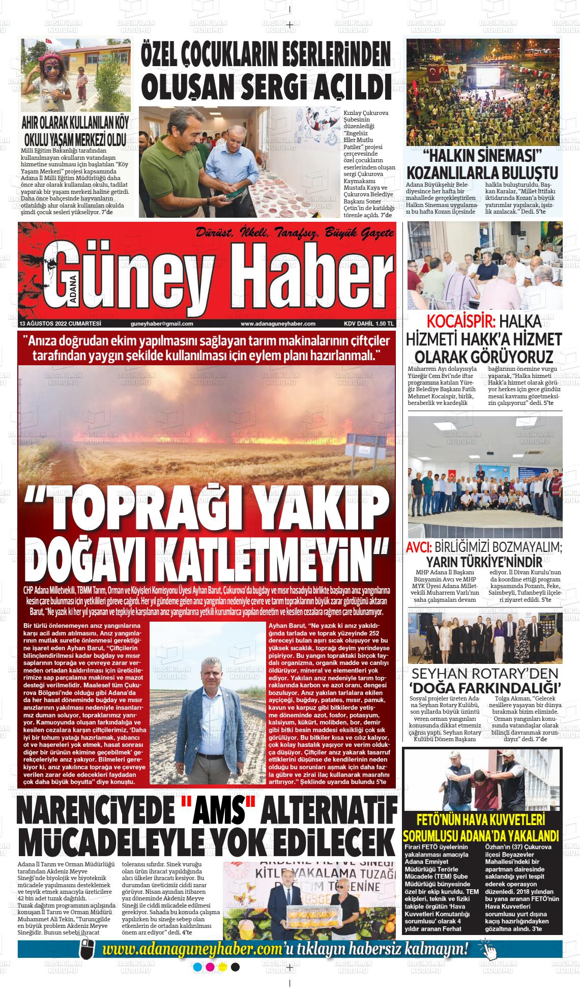 13 Ağustos 2022 Adana Güney Haber Gazete Manşeti