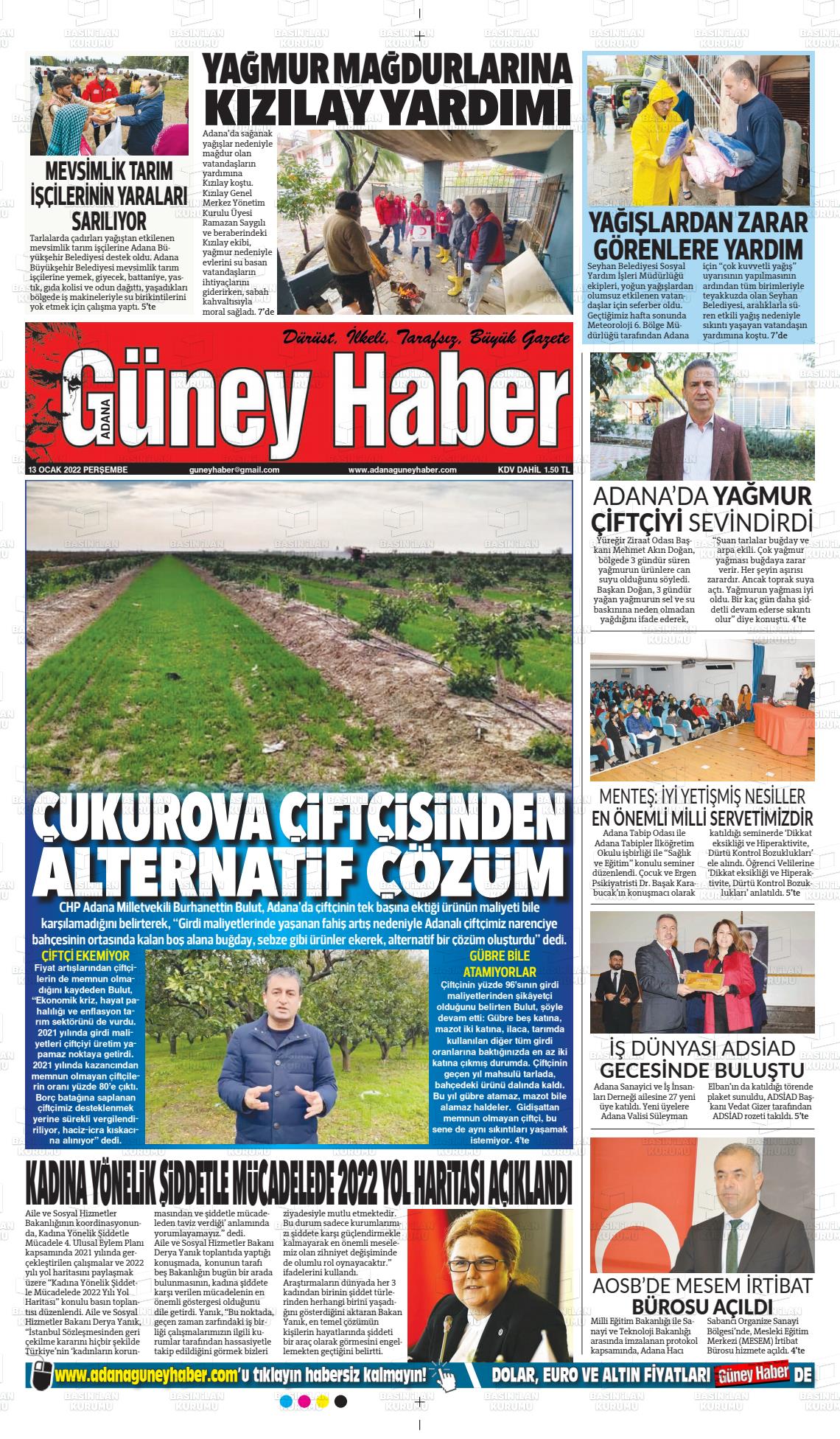 13 Ocak 2022 Adana Güney Haber Gazete Manşeti