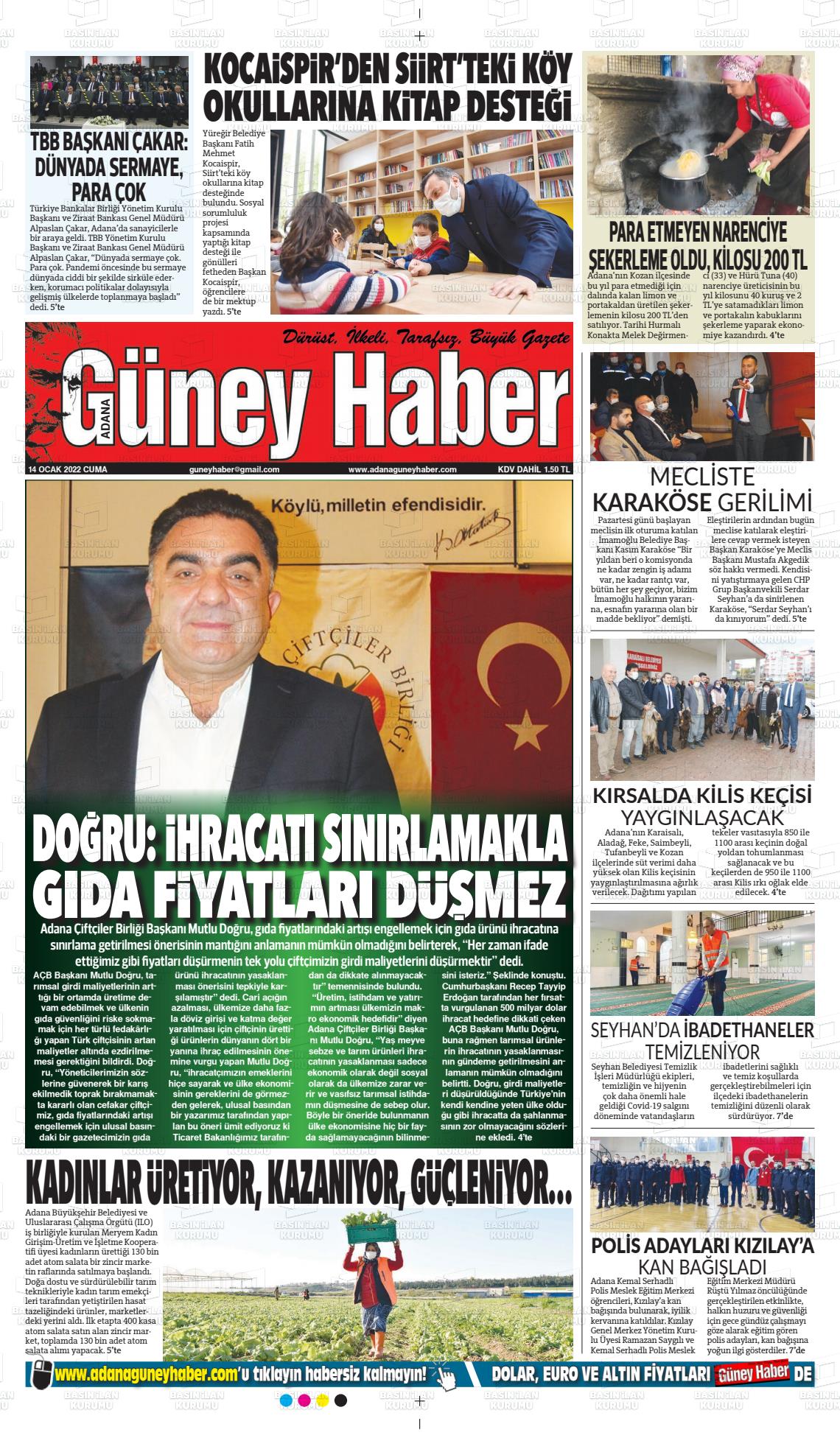 14 Ocak 2022 Adana Güney Haber Gazete Manşeti