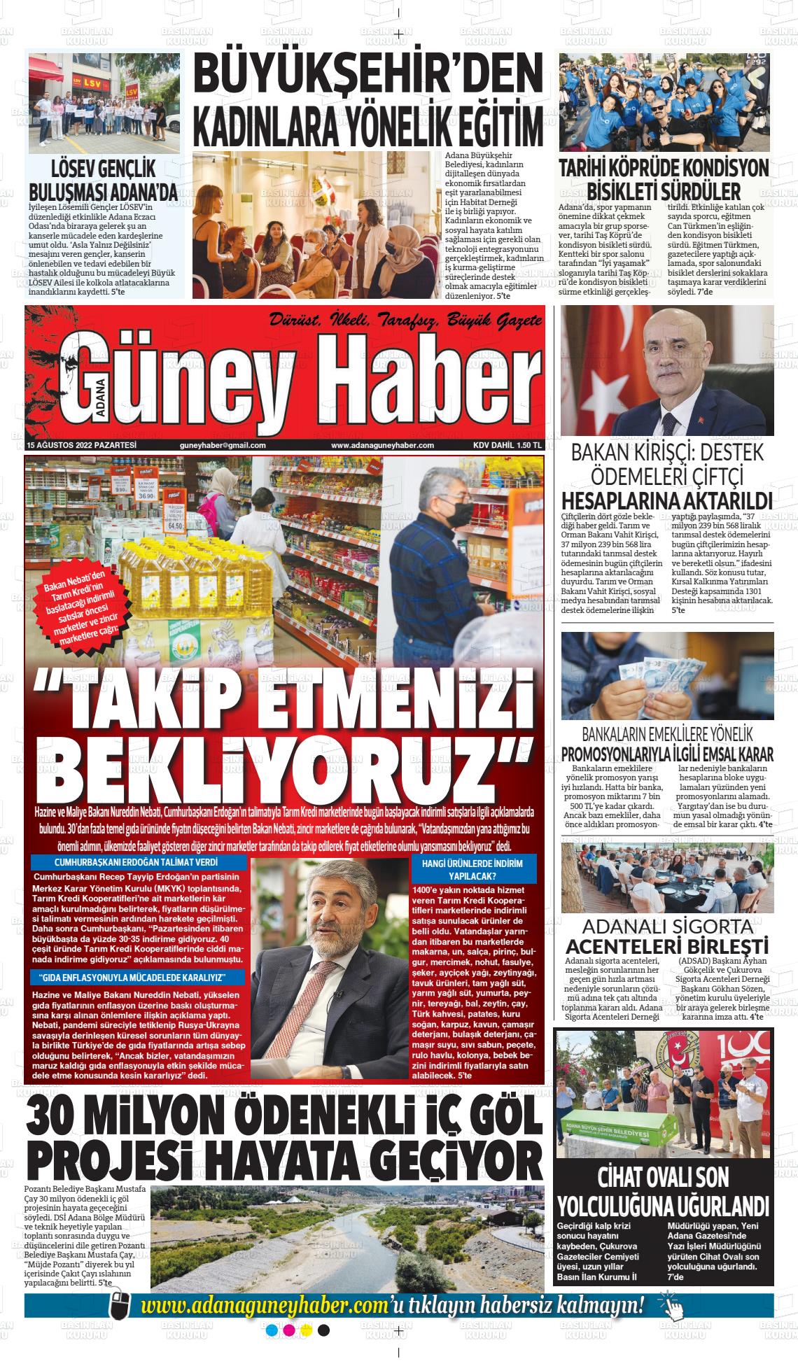 15 Ağustos 2022 Adana Güney Haber Gazete Manşeti