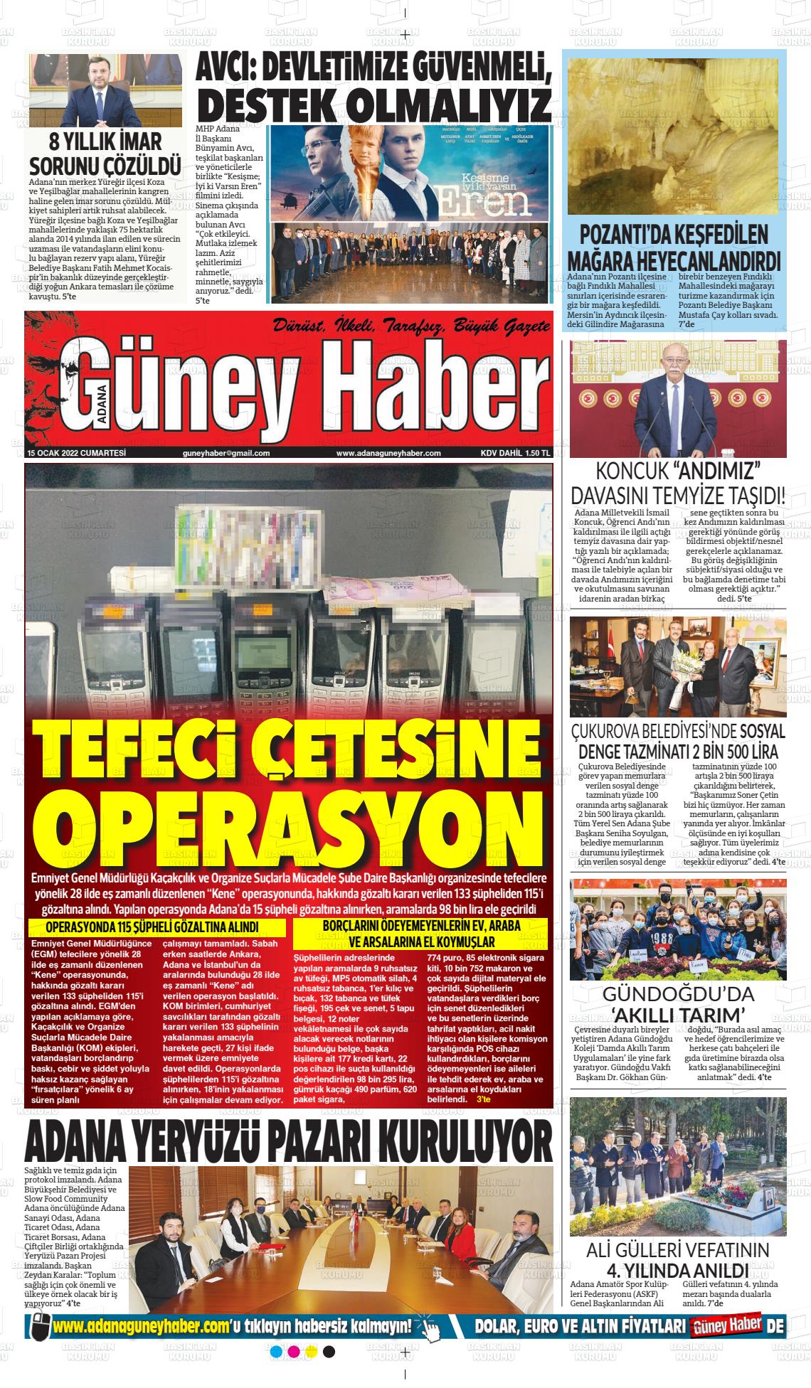 15 Ocak 2022 Adana Güney Haber Gazete Manşeti