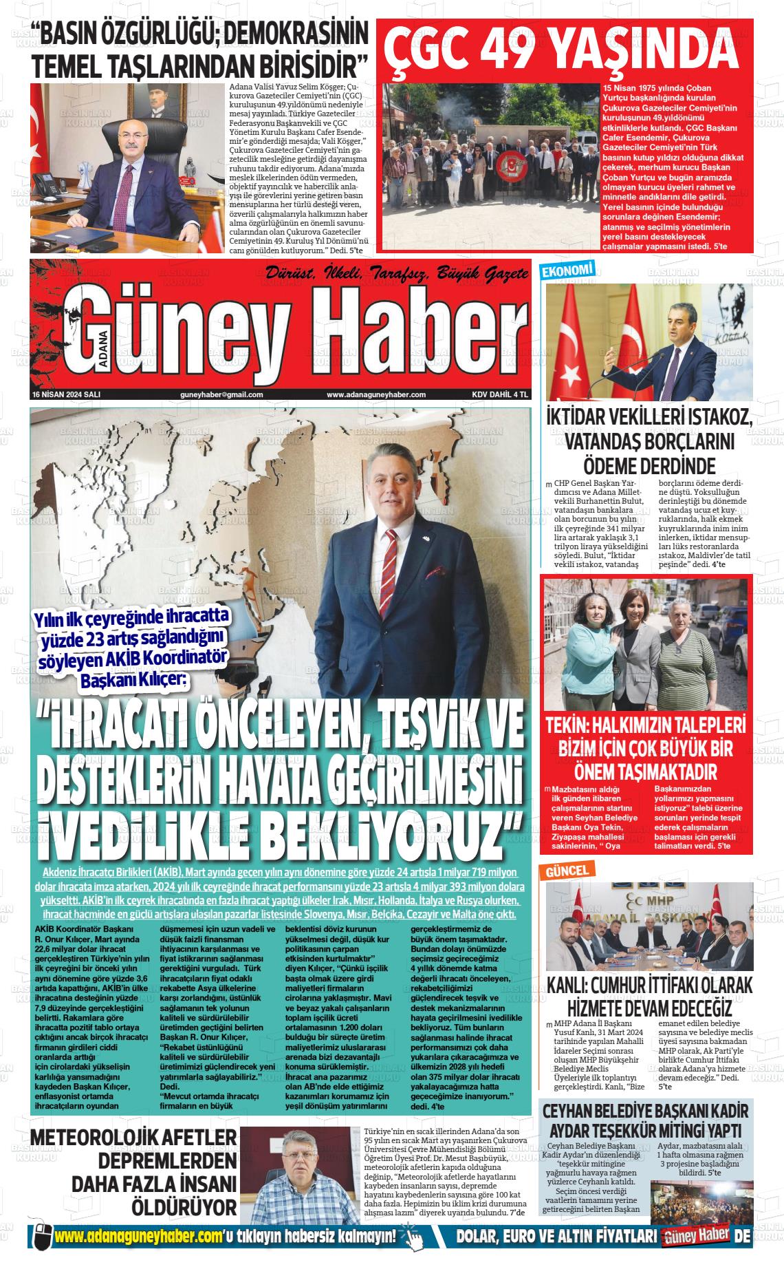 18 Nisan 2024 Adana Güney Haber Gazete Manşeti