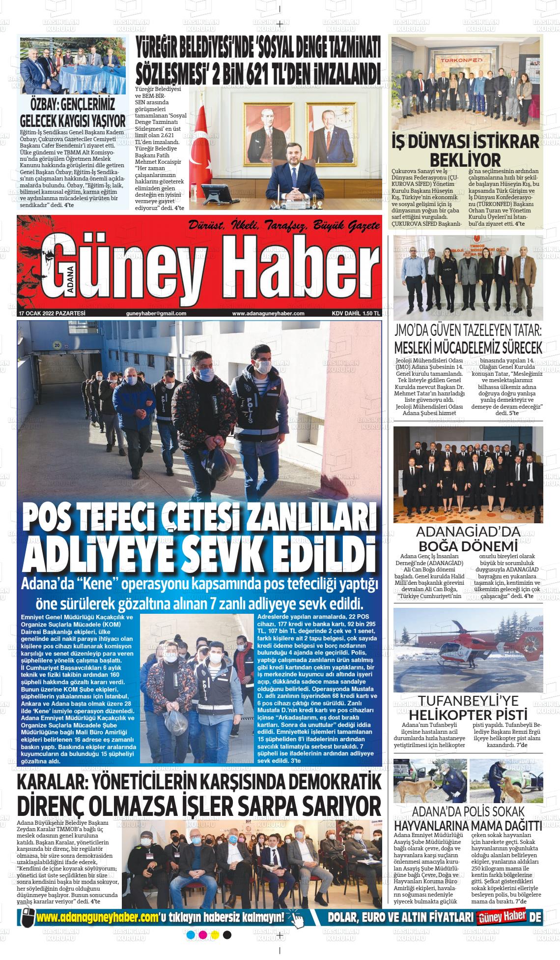 17 Ocak 2022 Adana Güney Haber Gazete Manşeti