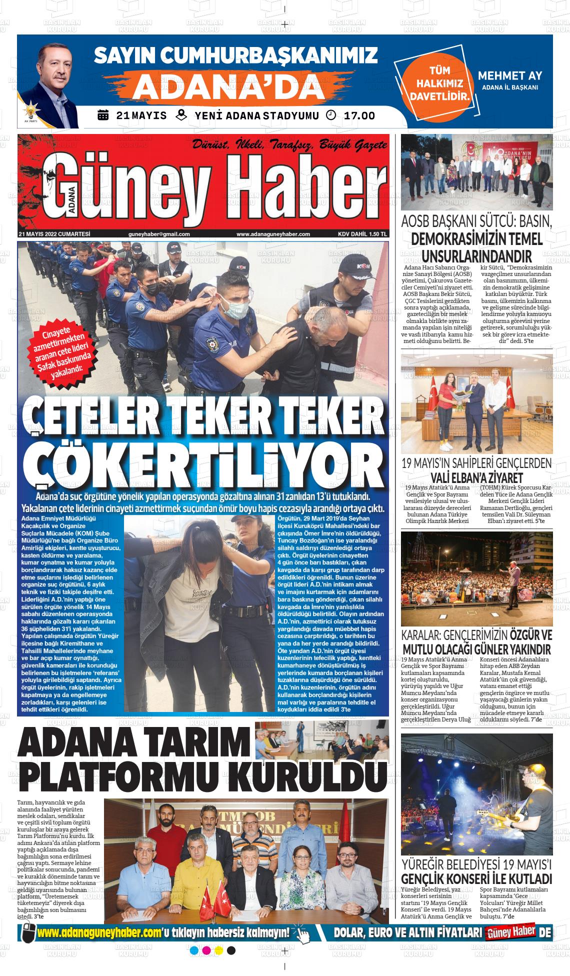 21 Mayıs 2022 Adana Güney Haber Gazete Manşeti