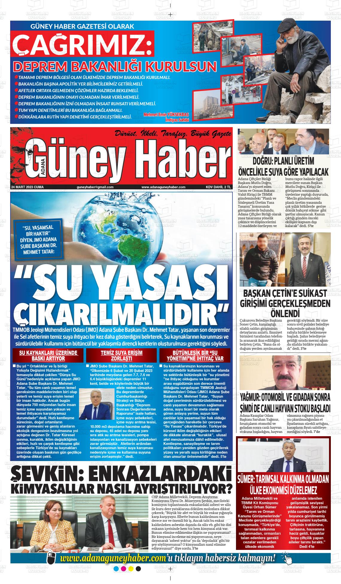 24 Mart 2023 Adana Güney Haber Gazete Manşeti