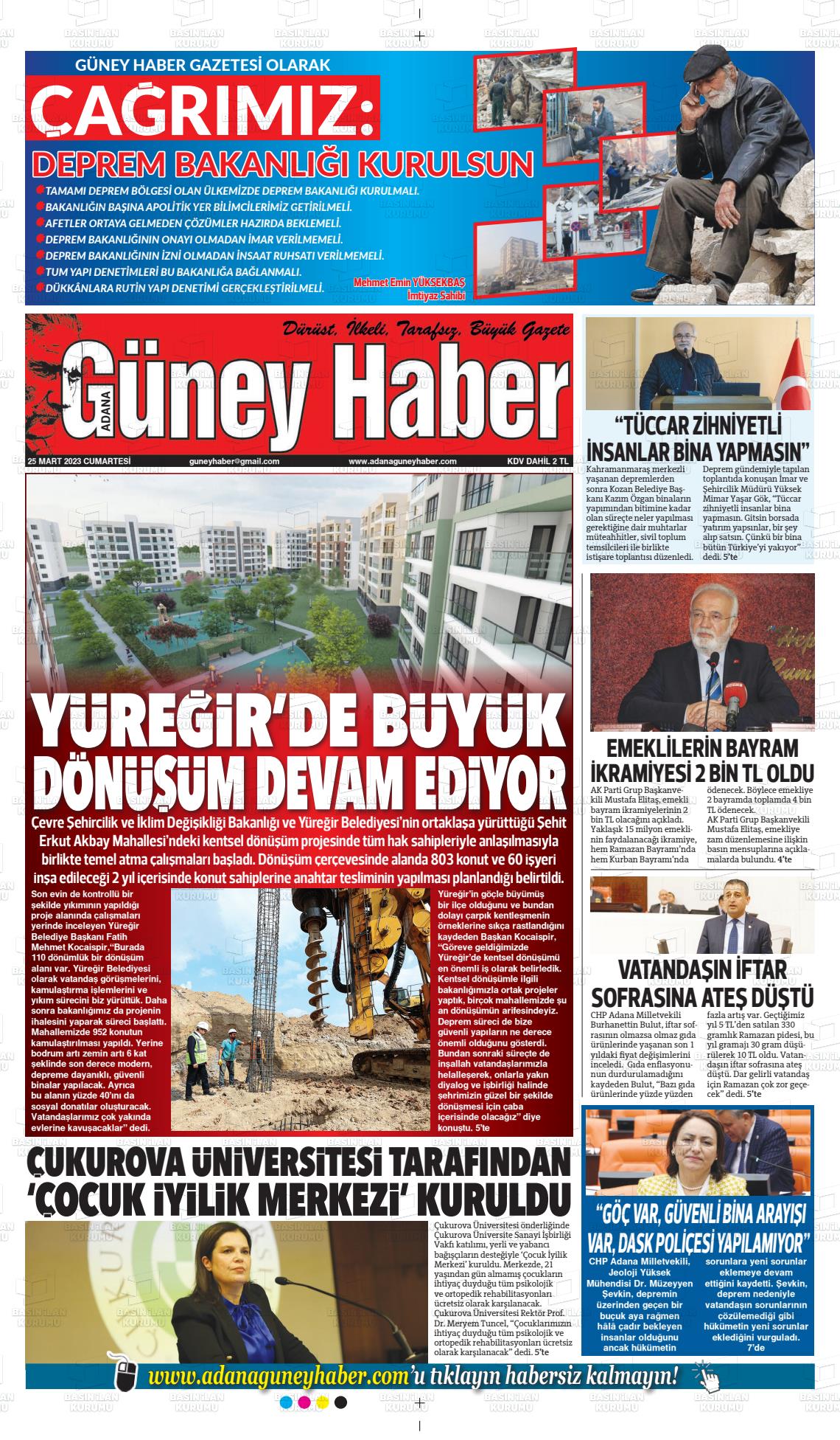 25 Mart 2023 Adana Güney Haber Gazete Manşeti