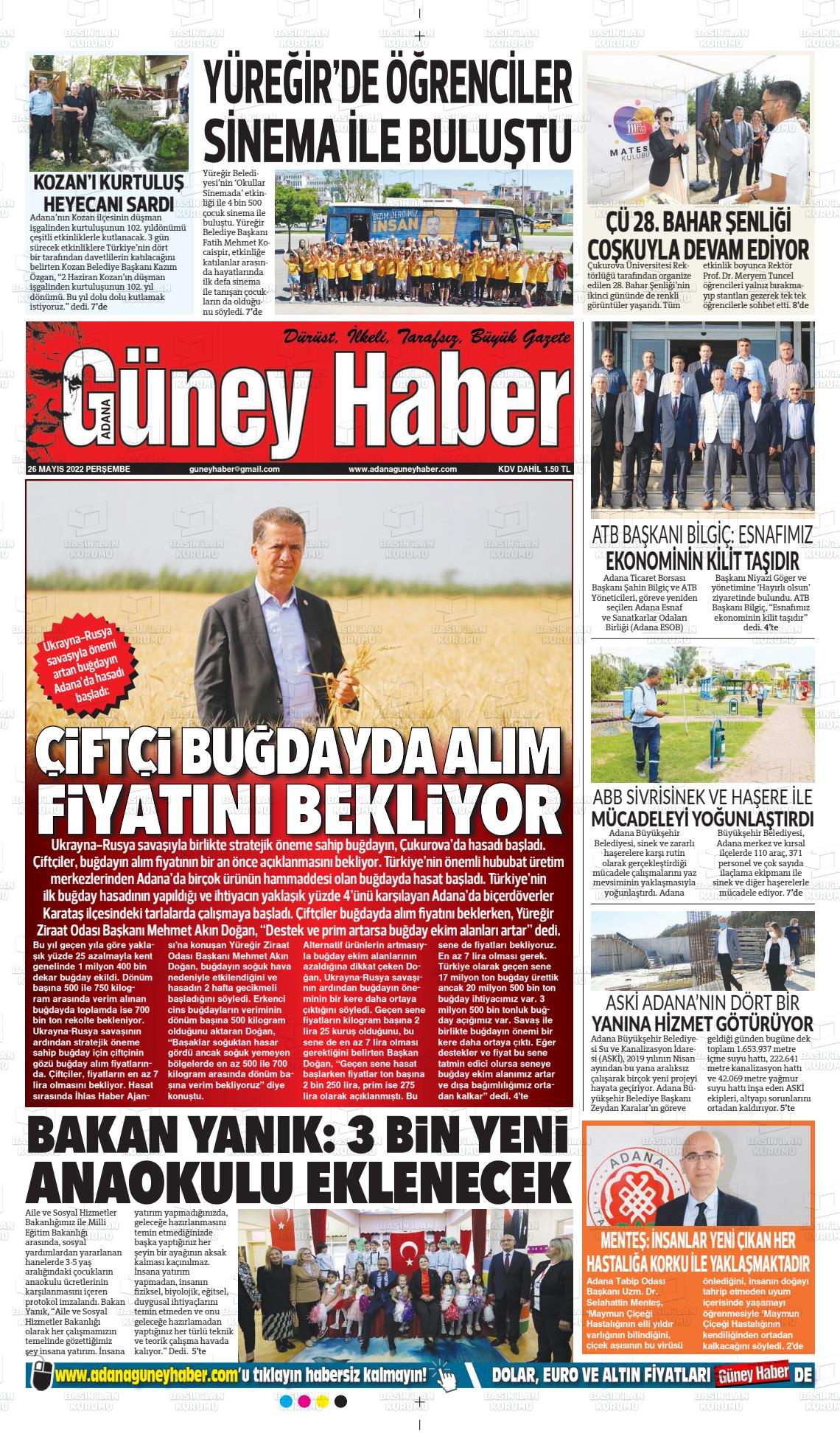 26 Mayıs 2022 Adana Güney Haber Gazete Manşeti