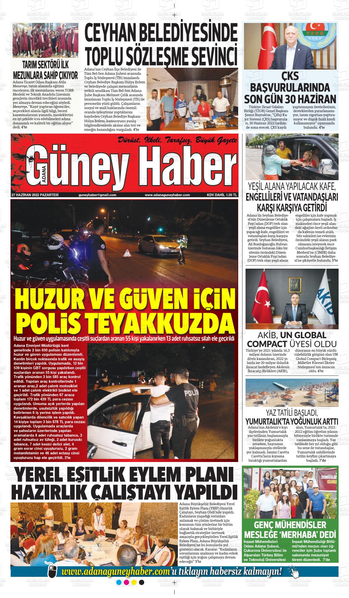 27 Haziran 2022 Adana Güney Haber Gazete Manşeti