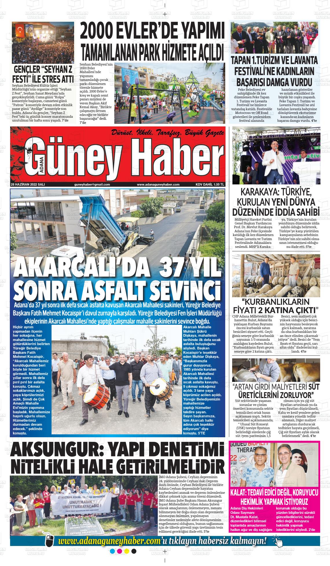 28 Haziran 2022 Adana Güney Haber Gazete Manşeti