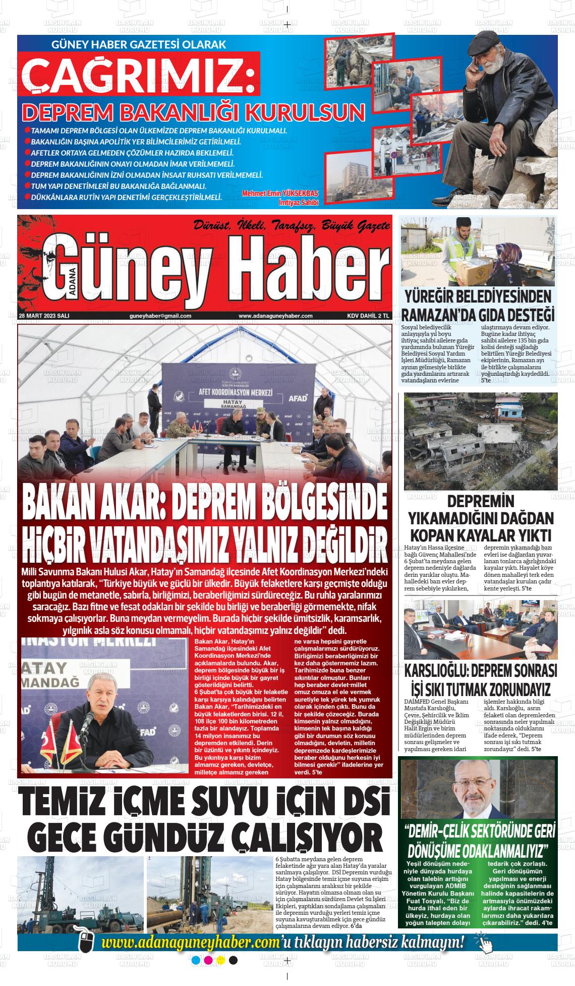 28 Mart 2023 Adana Güney Haber Gazete Manşeti