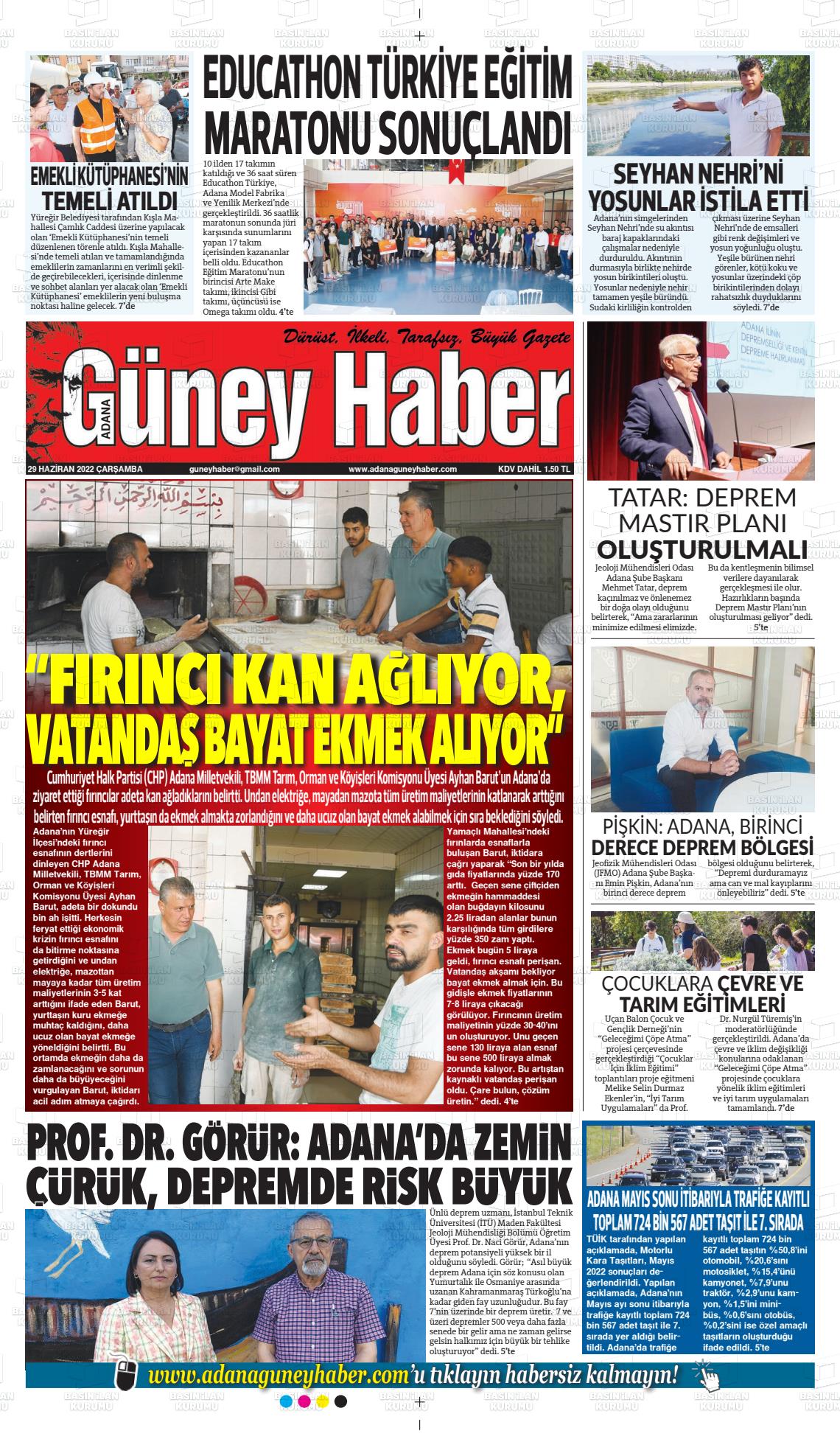 29 Haziran 2022 Adana Güney Haber Gazete Manşeti