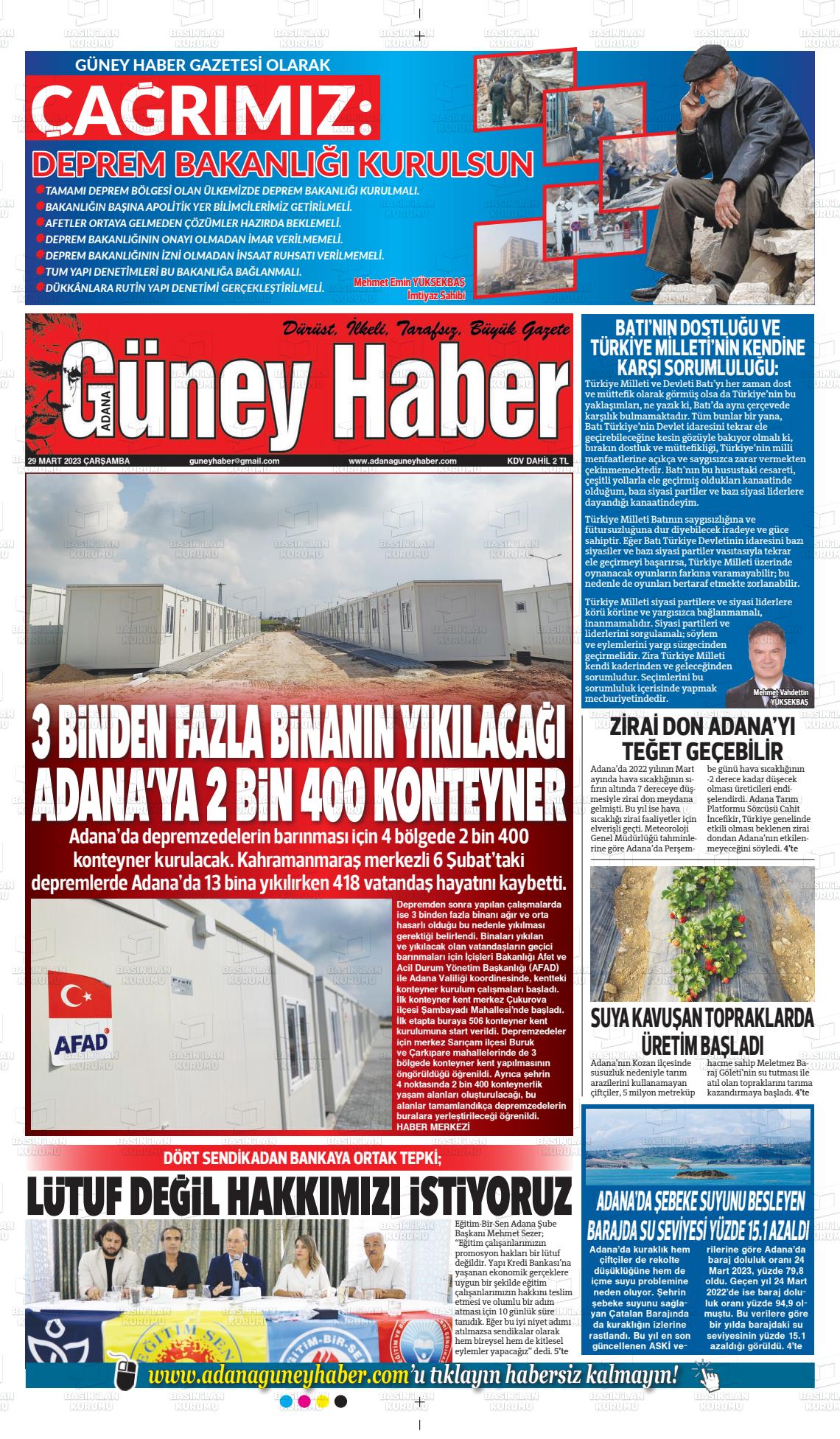29 Mart 2023 Adana Güney Haber Gazete Manşeti