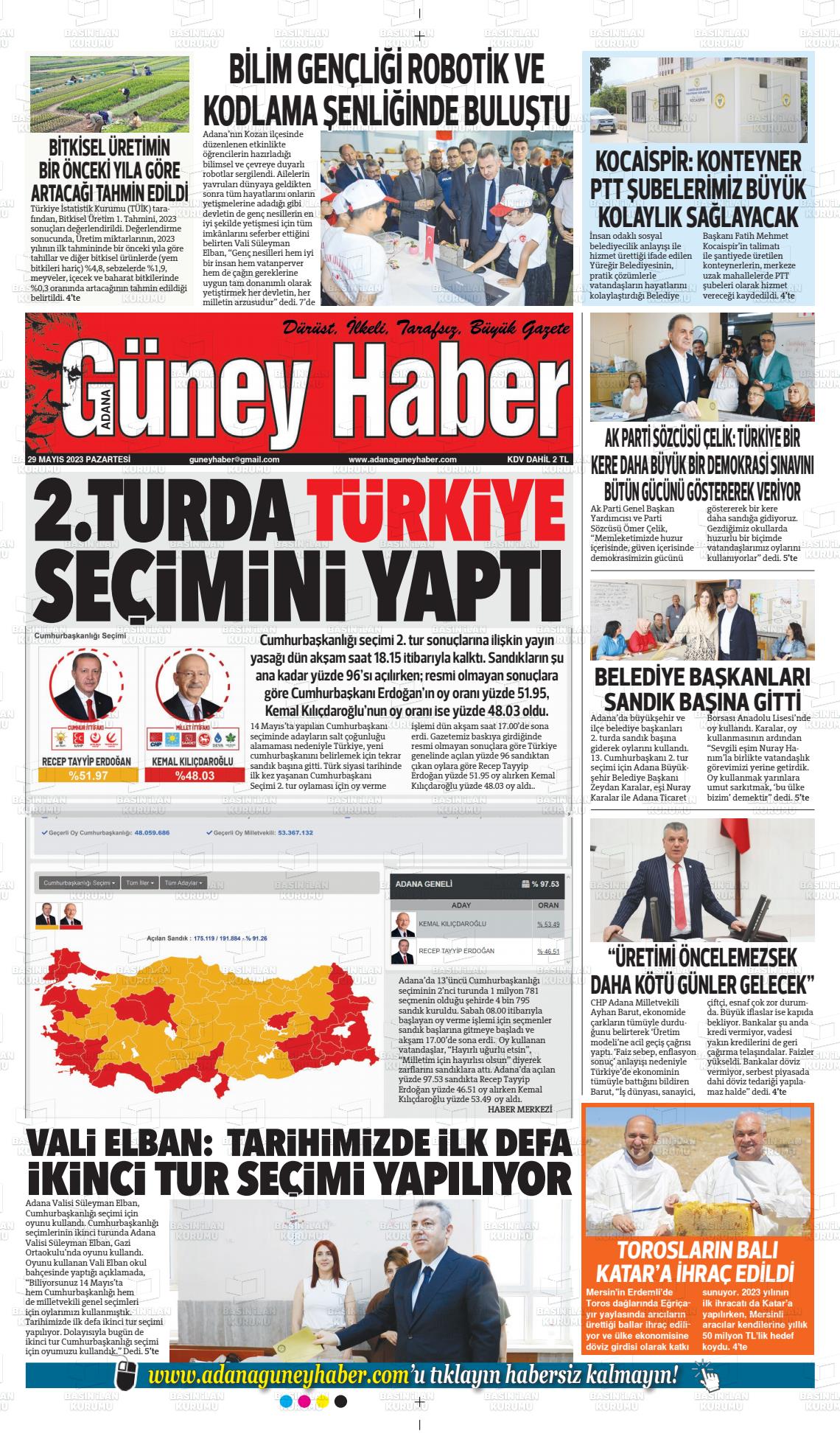 29 Mayıs 2023 Adana Güney Haber Gazete Manşeti
